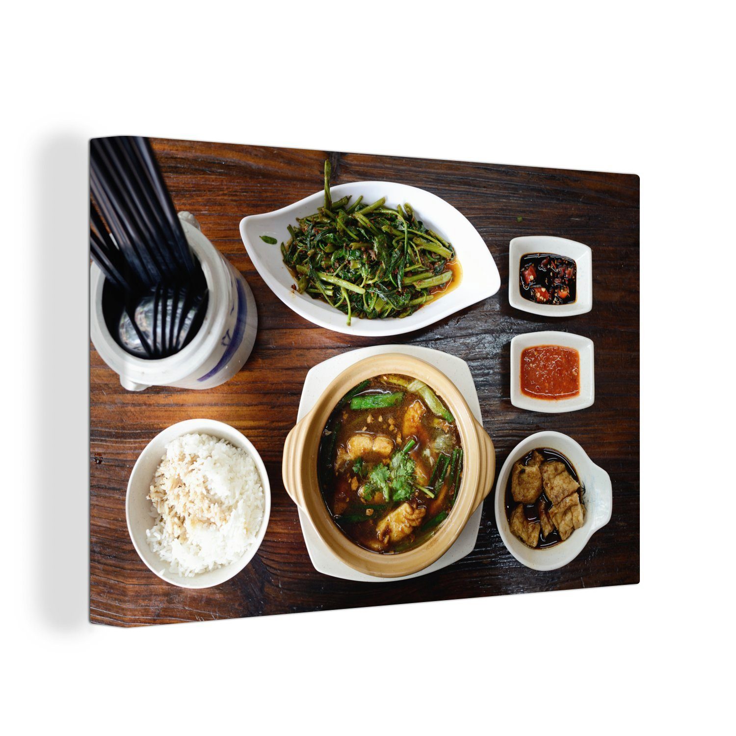 OneMillionCanvasses® Leinwandbild Draufsicht auf würziges Essen mit Sambal und Reis und Fisch, (1 St), Wandbild Leinwandbilder, Aufhängefertig, Wanddeko, 30x20 cm