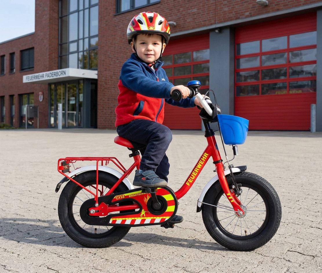 Bachtenkirch Kinderfahrrad 12 Zoll Feuerwehr Fahrrad für Kinder ab 3 Jahre, Sitzhöhe 44-50 cm - Schrittlänge des Kindes ab 42 cm