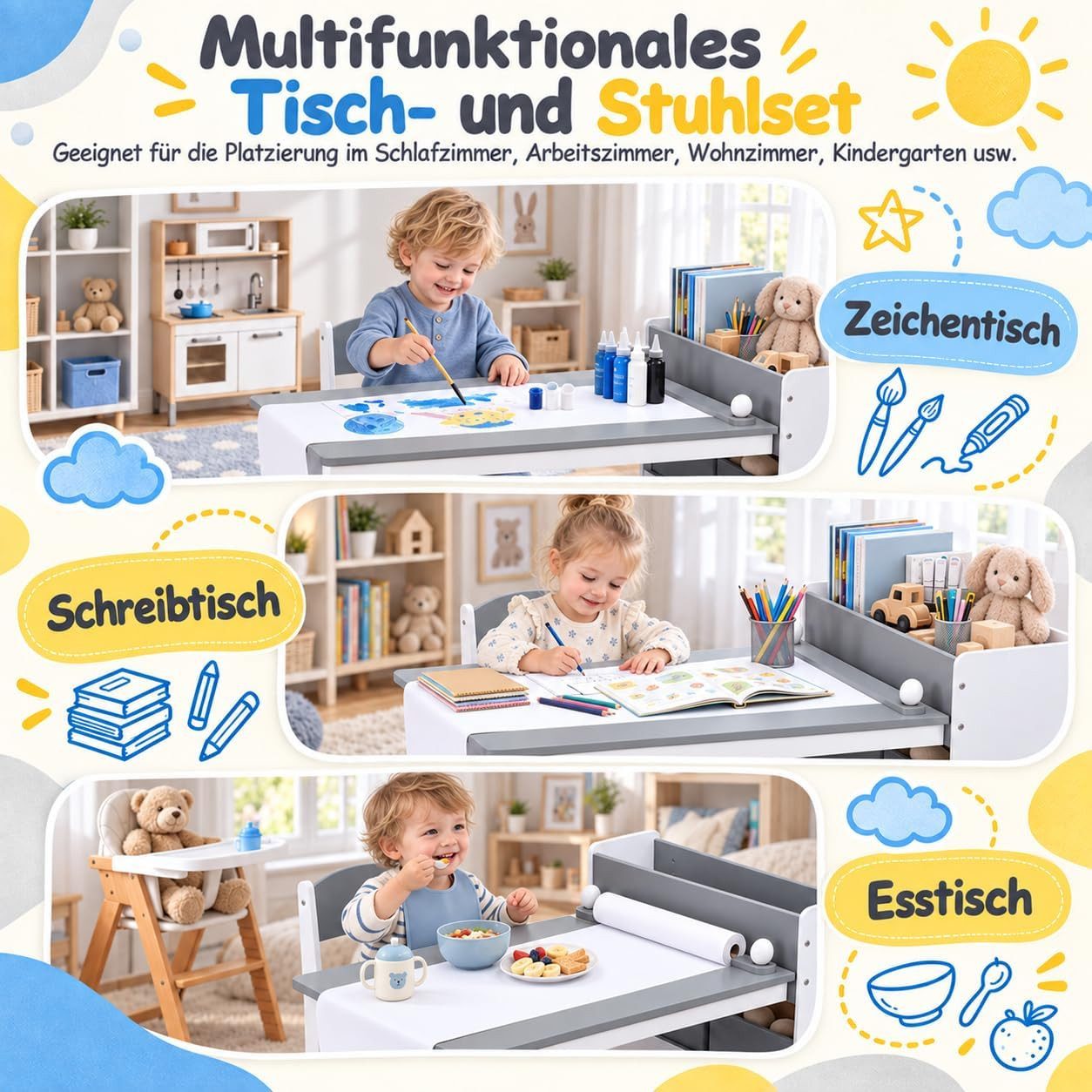 TLGREEN Kindertisch Kindermaltisch mit 2 Stühlen (Maltisch Schreibtisch mit Papierrolle und 4 Aufbewahrungskiste, Zeichentisch 100kg Belastbarkeit für Malen/Ler – Bild 5 von 5