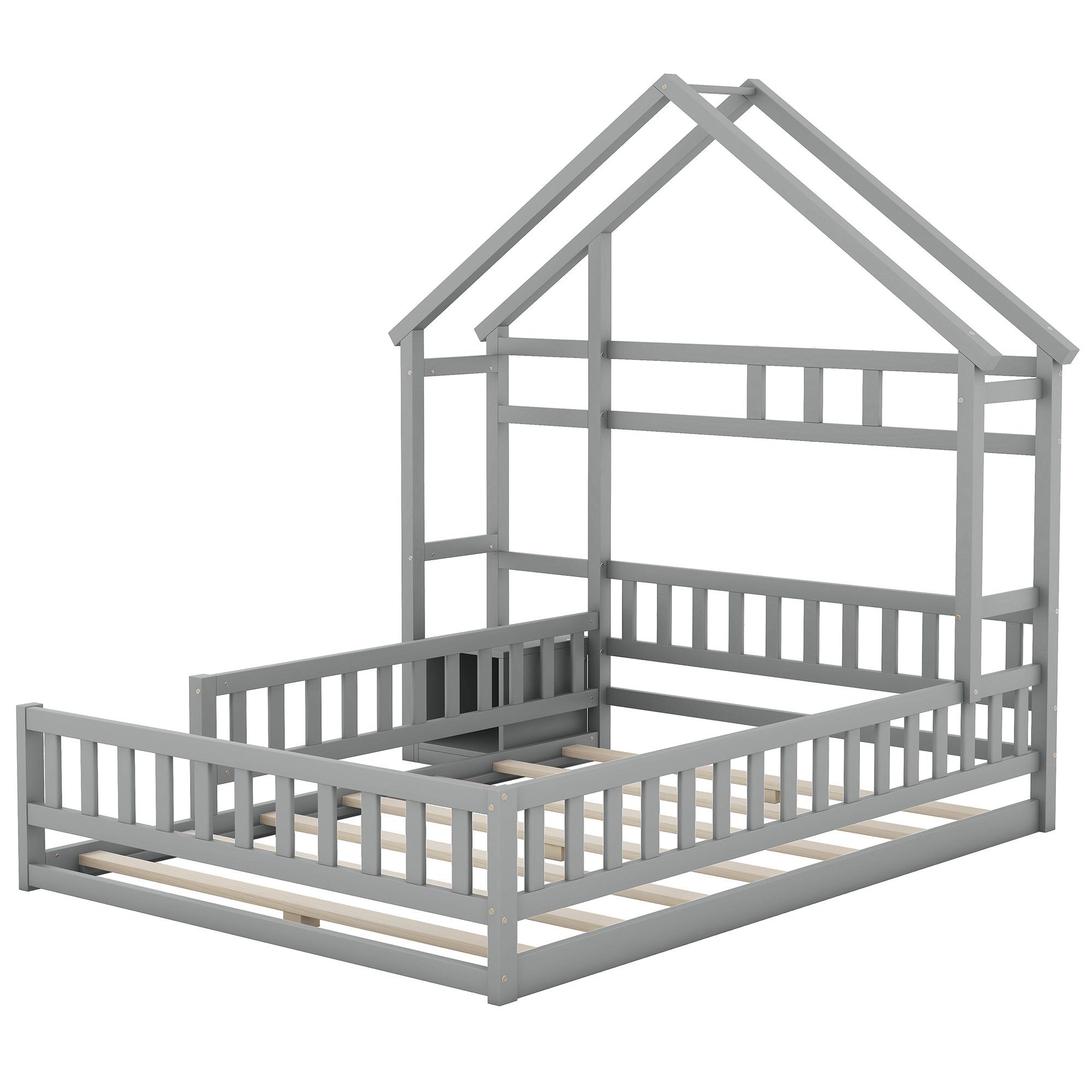 Holzbett, und Kinderbett Hausbett Rausfallschutz, Grau 140x200 Merax Nachttisch mit cm,