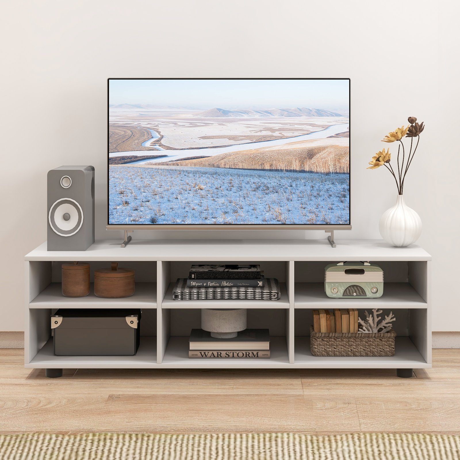COSTWAY TV-Schrank mit 6 Fächern, verstellbares Regal, 115x39x34,5cm, Holz