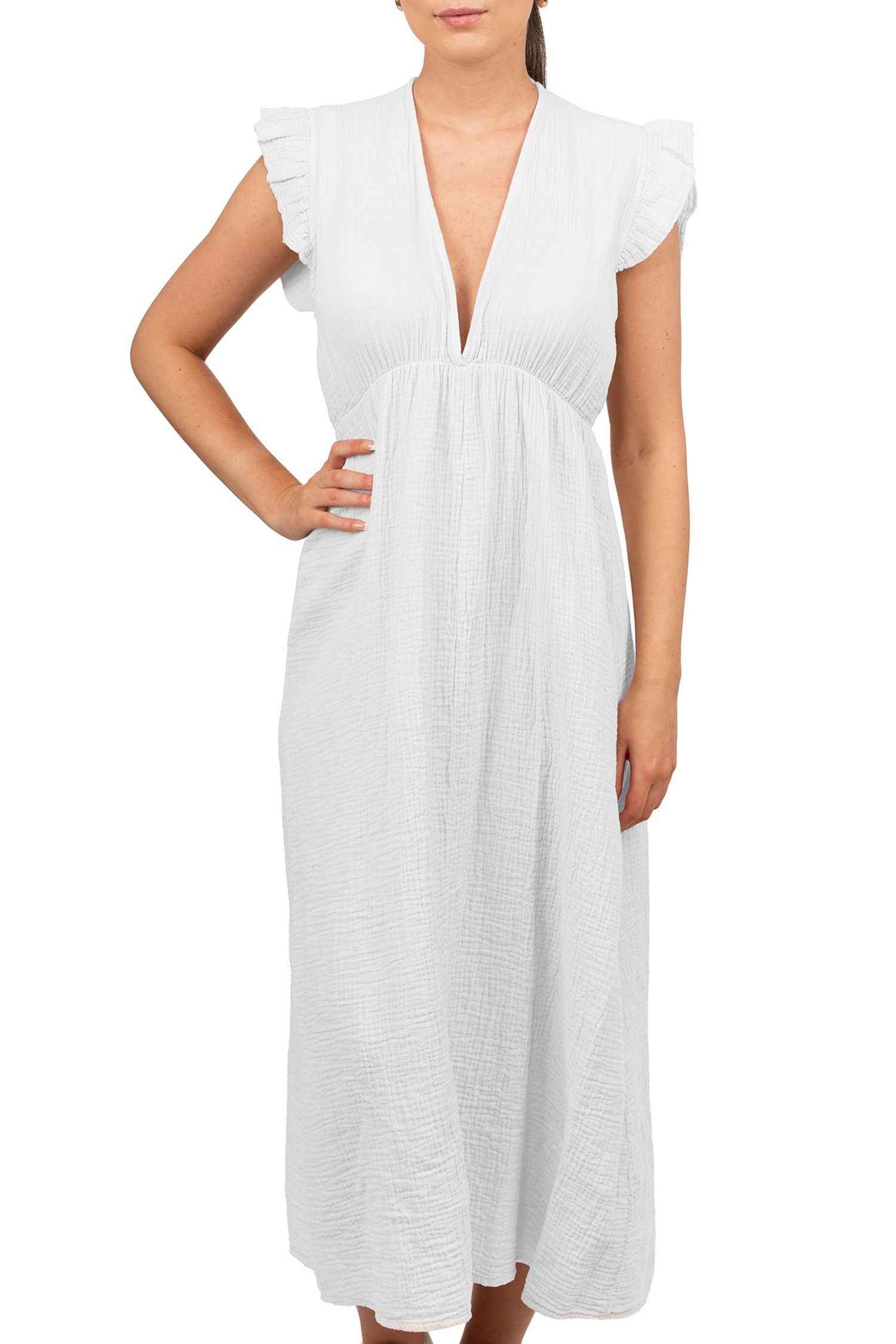 Reichstadt Sommerkleid Reichstadt Damen Musselin Sommerkleid 25RSW076 Tiefer V-Ausschnitt und raffinierte Rüschenärmel