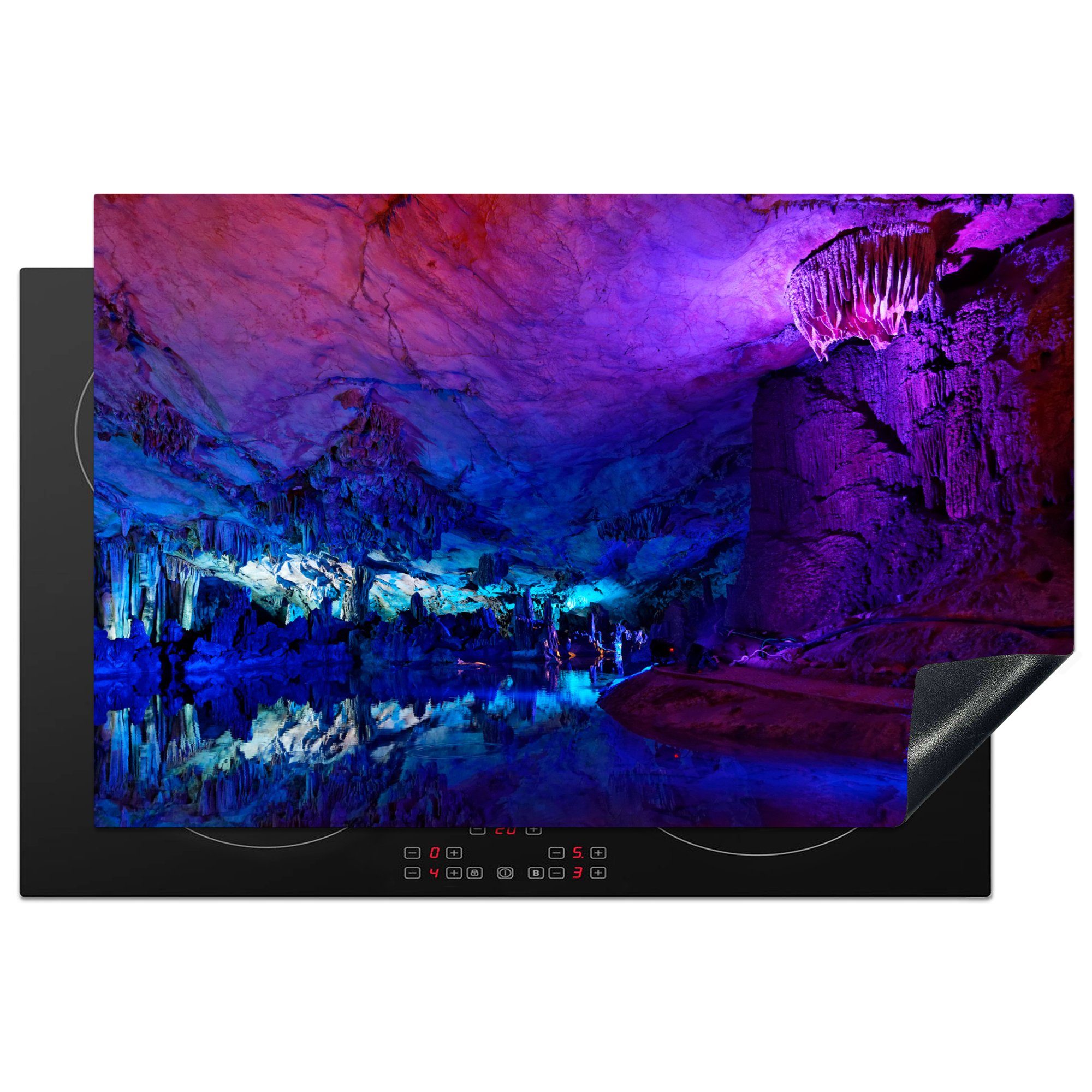 MuchoWow Herdblende-/Abdeckplatte Ein violettes Licht auf den Stalagmiten in der Reed Flute Höhle, Vinyl, (1 tlg), 81x52 cm, Induktionskochfeld Schutz für die küche, Ceranfeldabdeckung