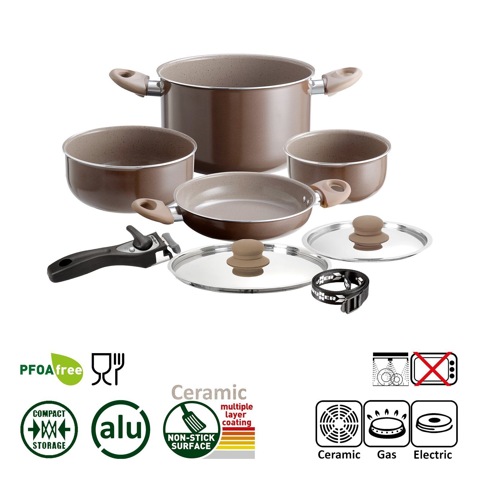 BRUNNER Topf-Set BRUNNER Camping Kochtöpfe Alu CHOCOLATE Platzsparend, Stapelbar, (7-tlg)