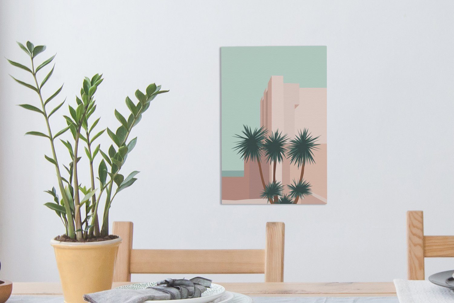 Leinwandbild (1 Gemälde, Architektur, - 20x30 fertig Leinwandbild Palmen - Zackenaufhänger, bespannt OneMillionCanvasses® inkl. Sommer cm St),