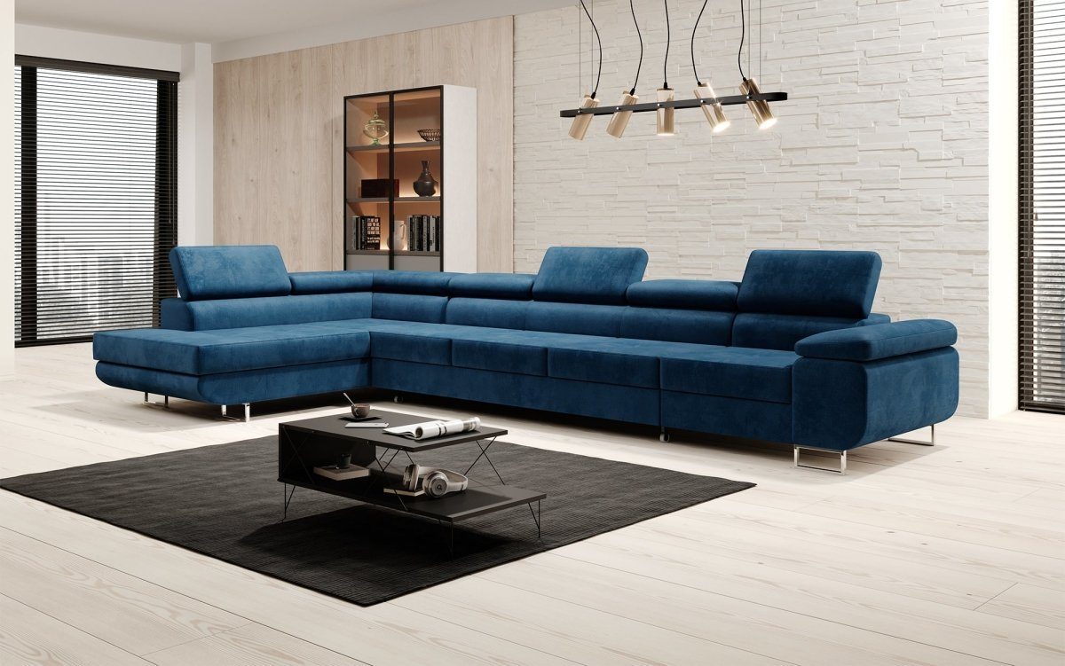 Luxusbetten24 Ecksofa Blau Stauraum Kopfstützen verstellbaren Maxi, Schlaffunktion, und inkl,