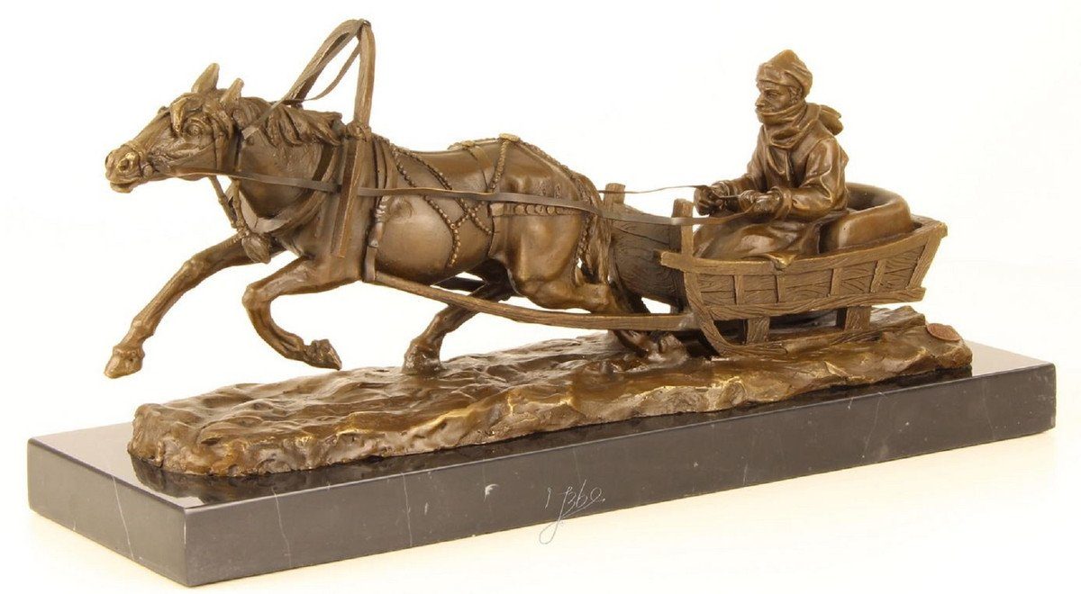 Casa Padrino Dekofigur Luxus Bronze Skulptur Pferd zieht Schlitten Bronze / Gold / Schwarz 42,1 x 13 x H. 19 cm - Luxus Qualität