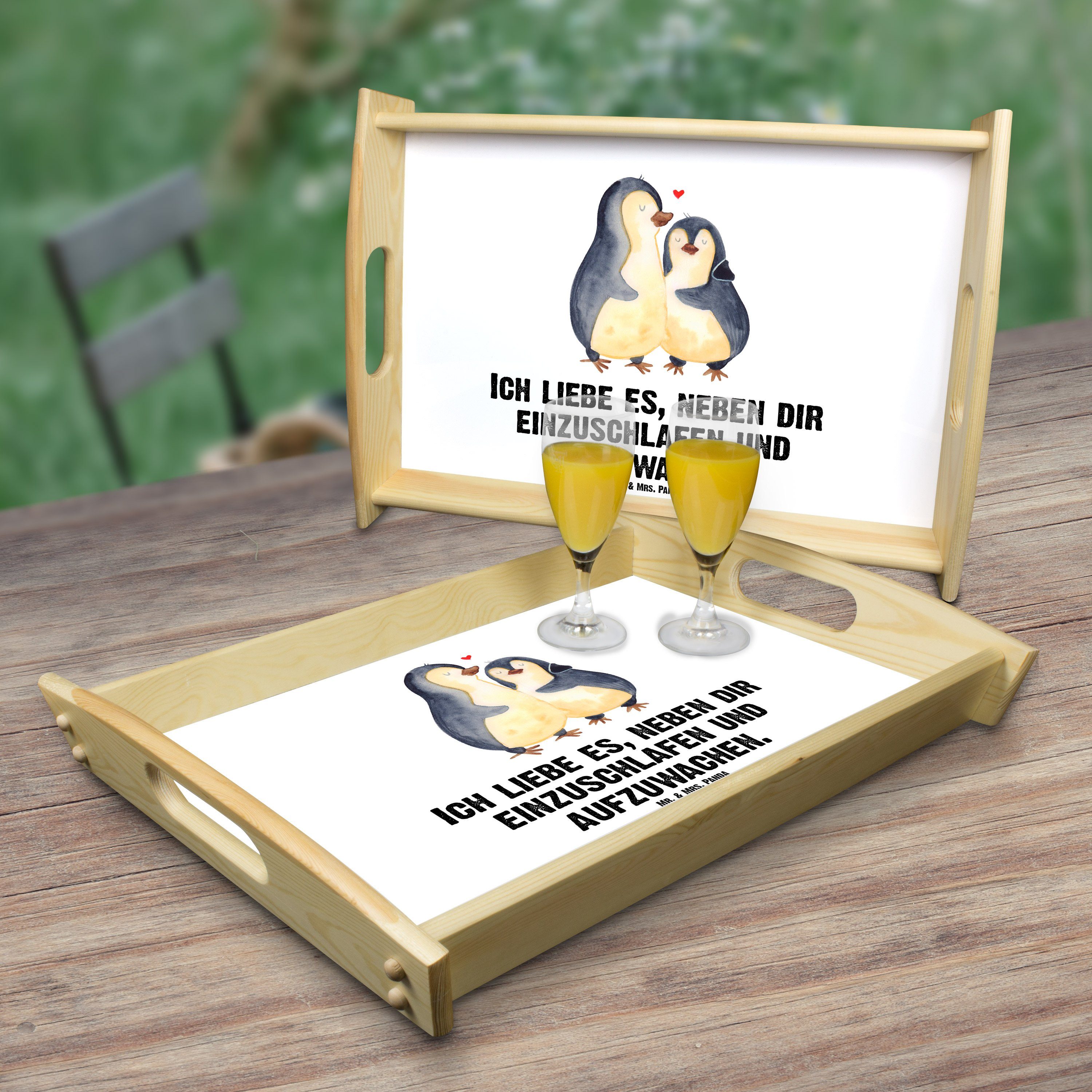 Mr. & Mrs. Frühstückstablett, Weiß Tablett, - Panda Einschlafen Echtholz - Pinguine Geschenk, (1-tlg) lasiert, G, Tablett