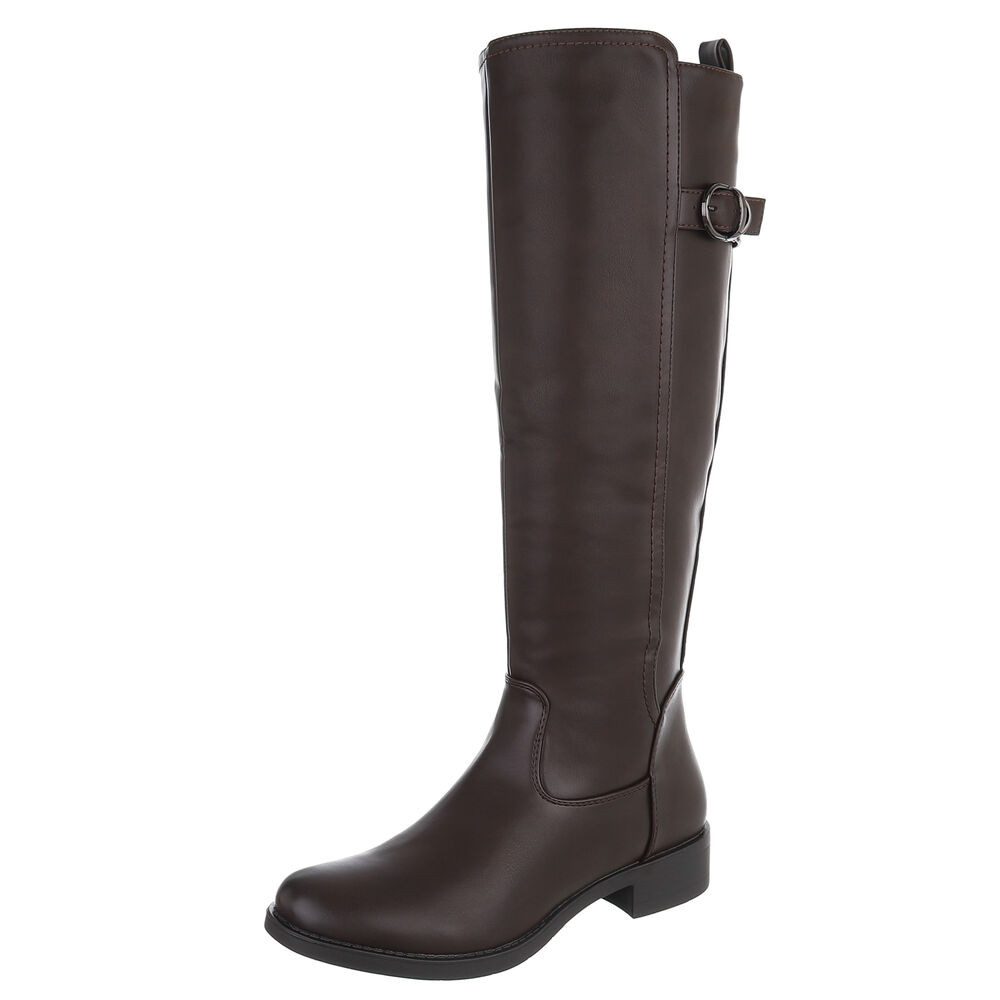 Ital-Design Damen Langschaftstiefel mit Blockabsatz und Zierbuckle Stiefel (92392411) Blockabsatz Flache Stiefel in Braun