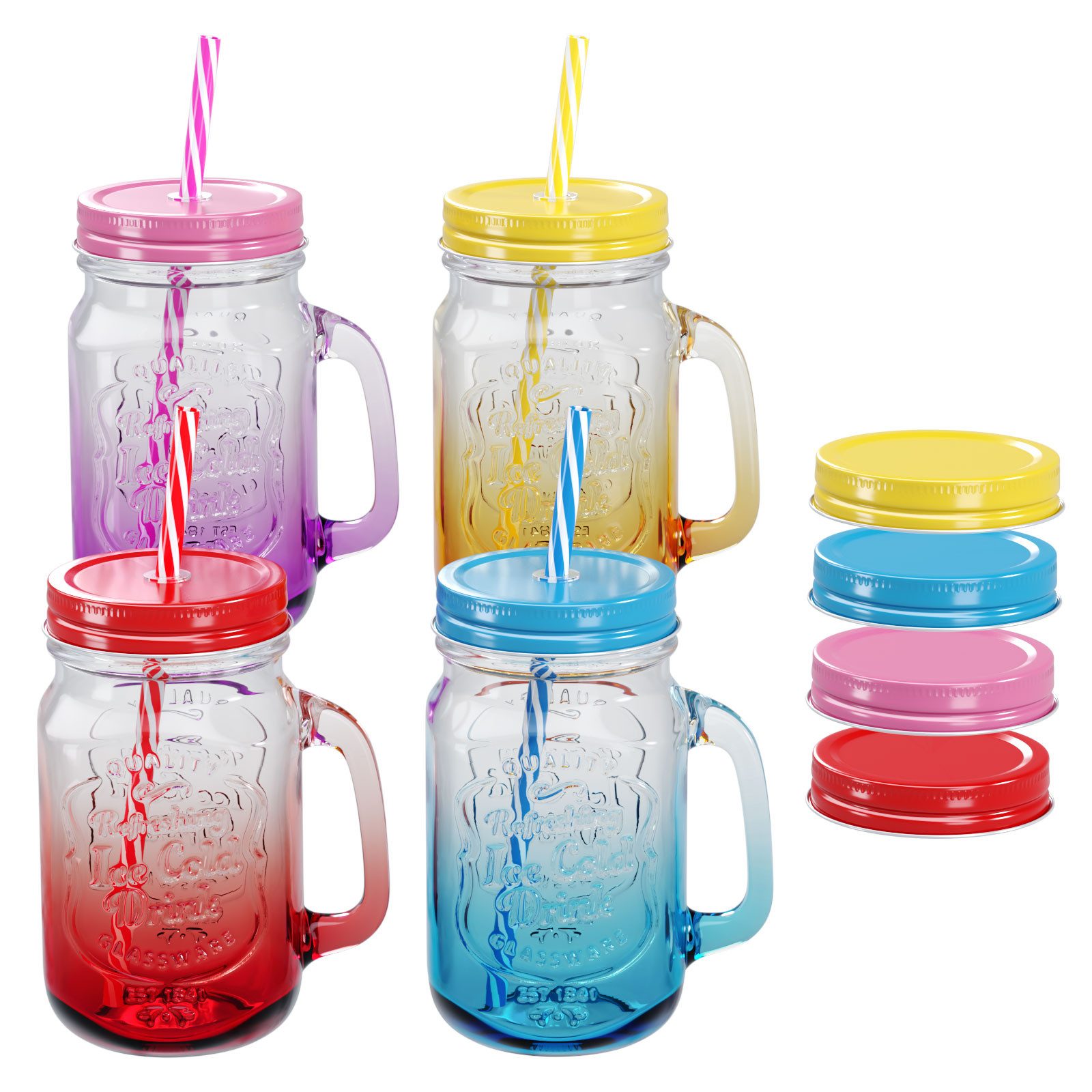 Wellgro Glas Trinkgläser Farbverlauf - 500ml + Ersatzdeckeln, 4-tlg.