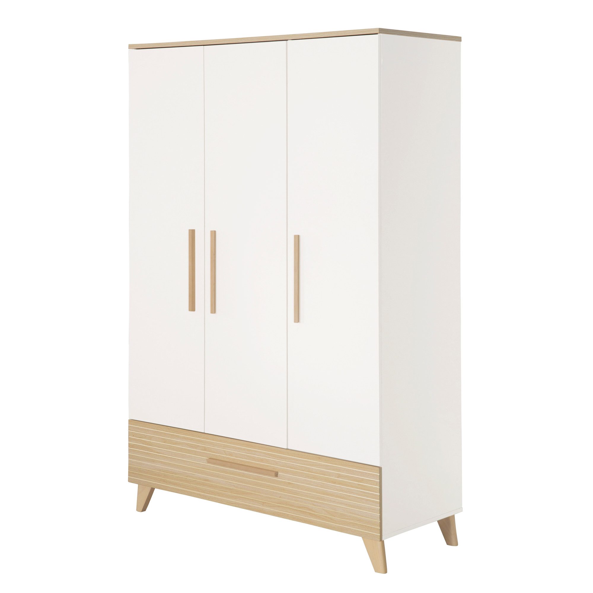 roba® Kleiderschrank Theo - moderner Kleiderschrank aus Holz mit 3 Türen und 1 Schublade Griffe & Füße aus Massivholz - Soft-Close Türen - Weiß / Ulme