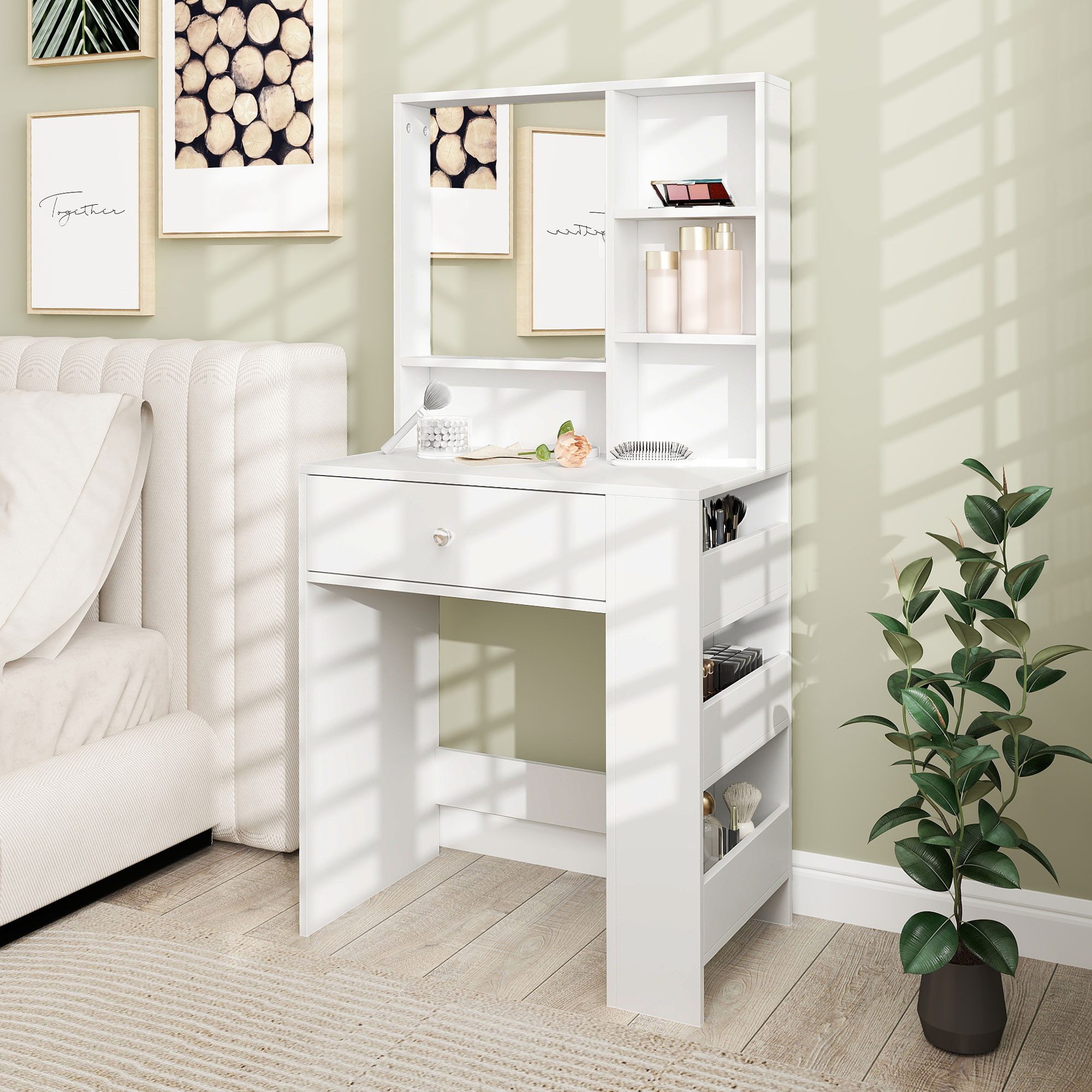 HOMCOM Schminktisch Make-up-Tisch mit Spiegel (Frisiertisch mit Schublade und 7 Fächern, 1-St., moderner Kosmetiktisch für Schlafzimmer), Weiß