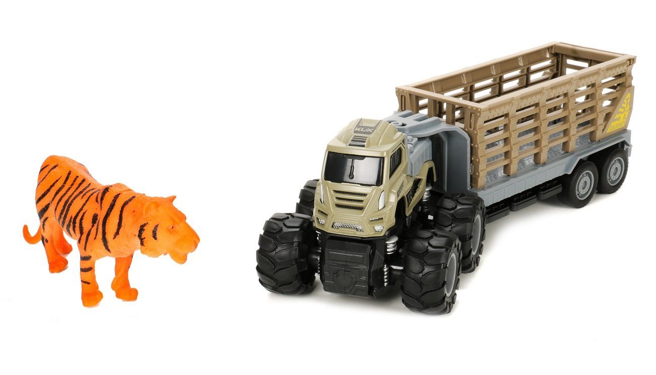 Bubble-Store Spielzeug-LKW Spielzeug Tiertransporter, (Zugmaschine mit Friktionsantrieb), Anhänger mit Gatter und Tiger