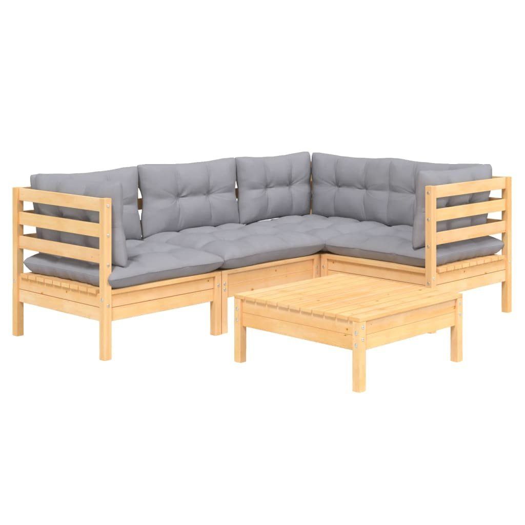 vidaXL Gartenlounge-Set 5-tlg. Garten-Lounge-Set mit Grauen Kissen Kiefernholz, (5-tlg)