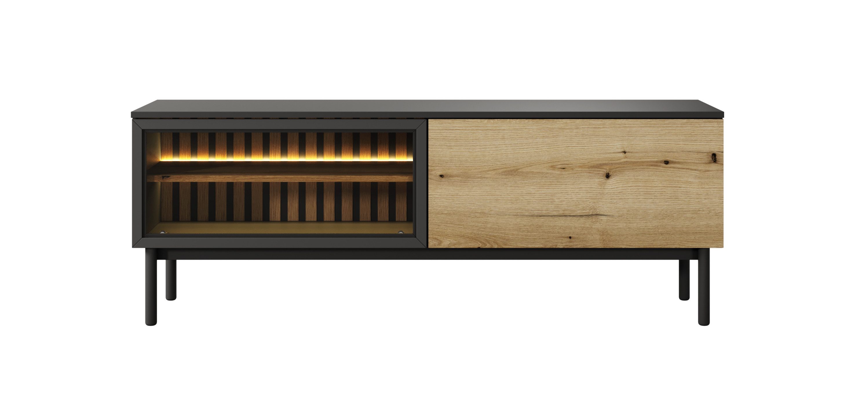 MOEBLO TV-Board RTV Asplenium 2D 150/180 (Lowboard Fernsehtisch TV Bank TV Tisch Fernseher Tisch TV Möbel, Eiche evoke/ Schwarz matt), (BxHxT):150/180x55x40 cm