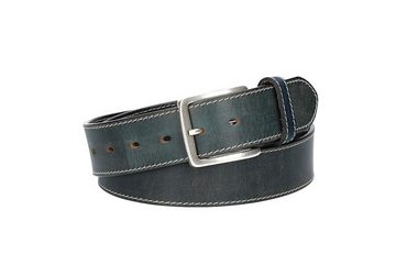 Leder Bazlen Ledergürtel Blau, Marine 40mm abgenäht mit Dornschließe in Silber (LB1133B40N-490) sehr weiches Vollrindleder