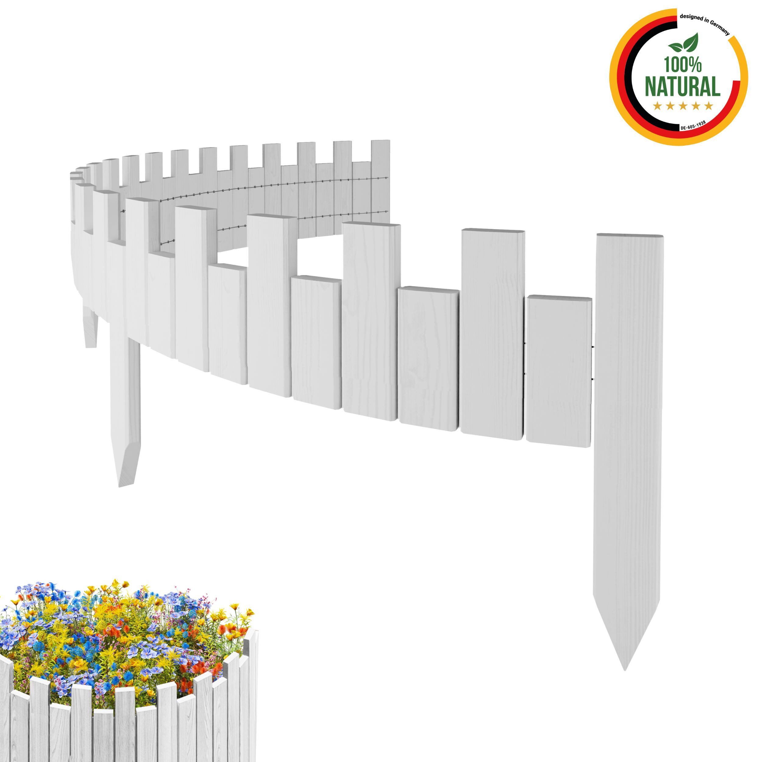 Floranica Palisade Beeteinfassung Beetumrandung Rasenkante Rollzaun Holzzaun Gartenzaun, LxH: 200x15 cm, Weiß, Umzäunung für Garten Blumenbeetee Wege Dekozaun Rasenbegrenzung