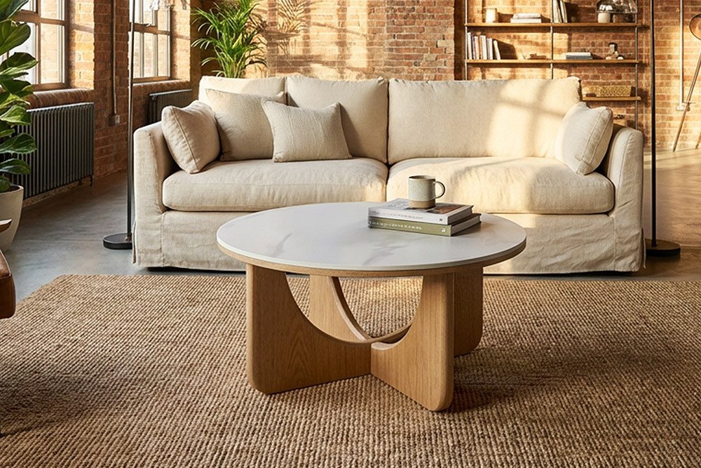 riess-ambiente Couchtisch ENSO 80cm weiß/natur - Keramik, Eiche-Design, Echtholzfurnier, rund (Einzelartikel, 1-St), Platte im Marmor-Stil & markantes Gestell - ideal für Dein Wohnzimmer