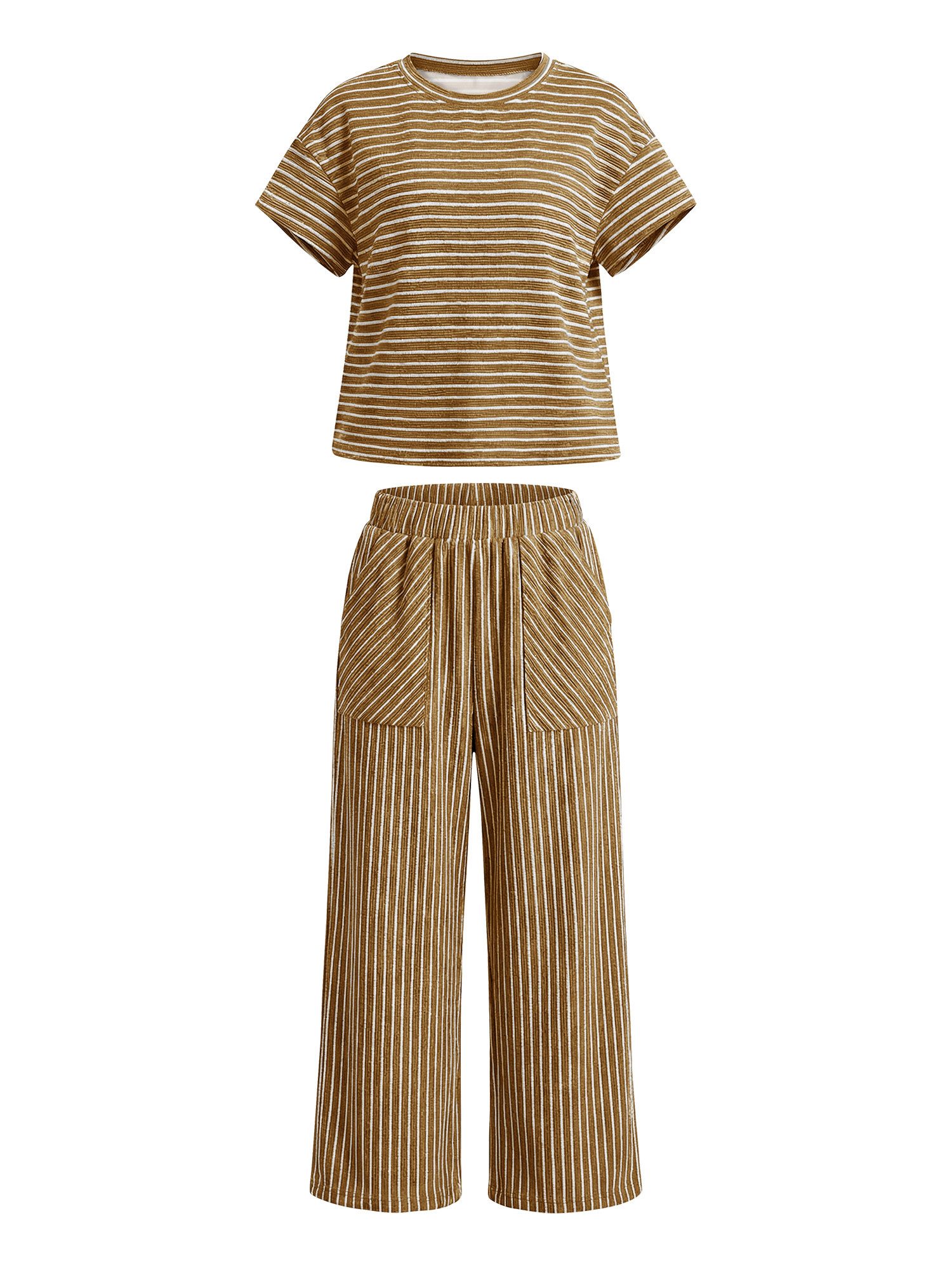 Imily Bela Hausanzug Damen 2-teiliges Set Gestreift Lounge Casual (Set, 2 tlg., 2er-Pack, Kurzarm T-Shirt+Hose mit Eingrifftaschen) Rundhals Fledermausärmel – Bild 5 von 5