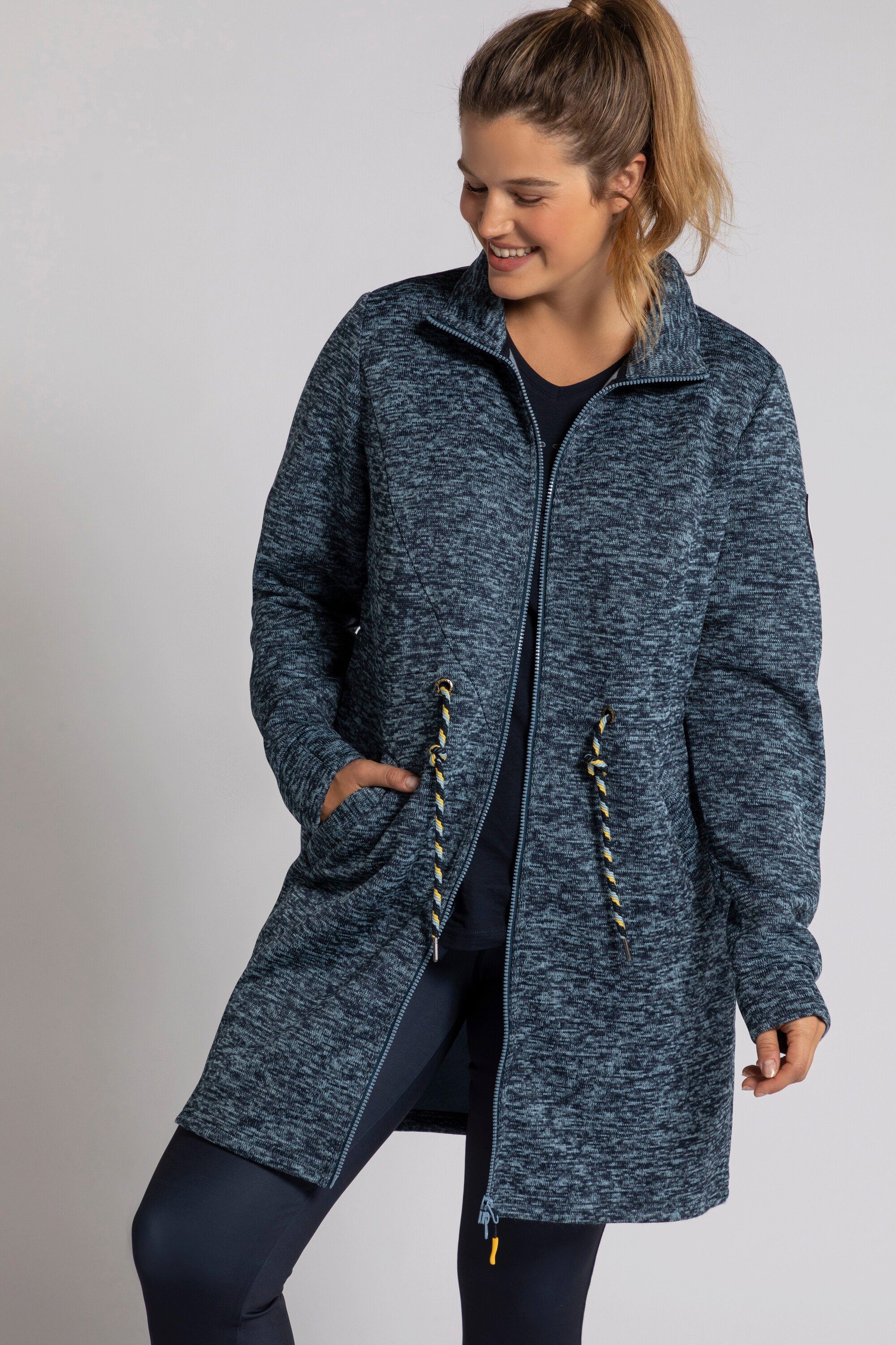 Ulla Popken Sweatjacke Strickfleece-Jacke Langform Stehkragen Daumenloch