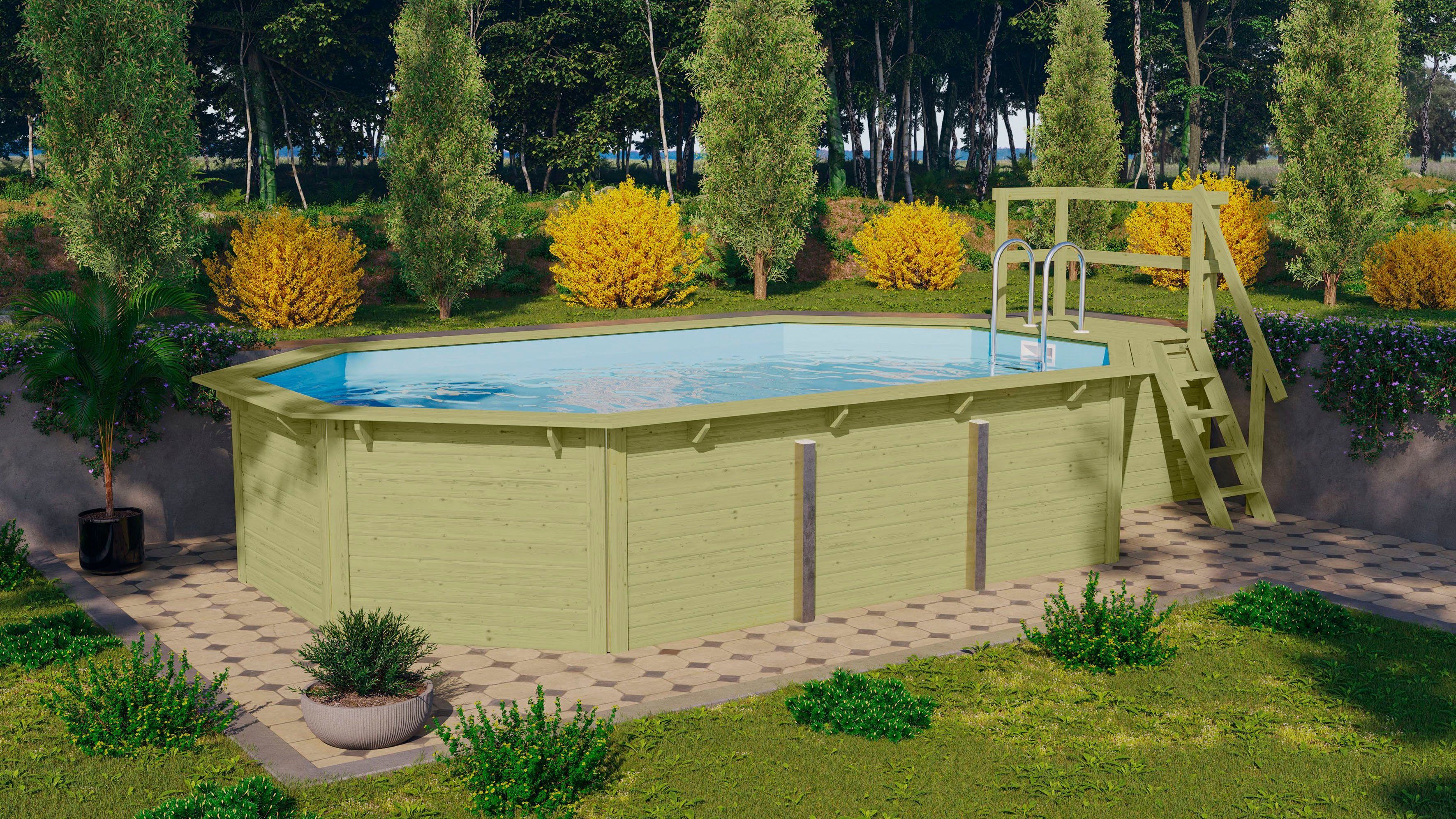 Karibu Achteckpool Rimini 4X mit Sonnendeck (Set, 7-tlg), BxLxH: 690x400x121cm