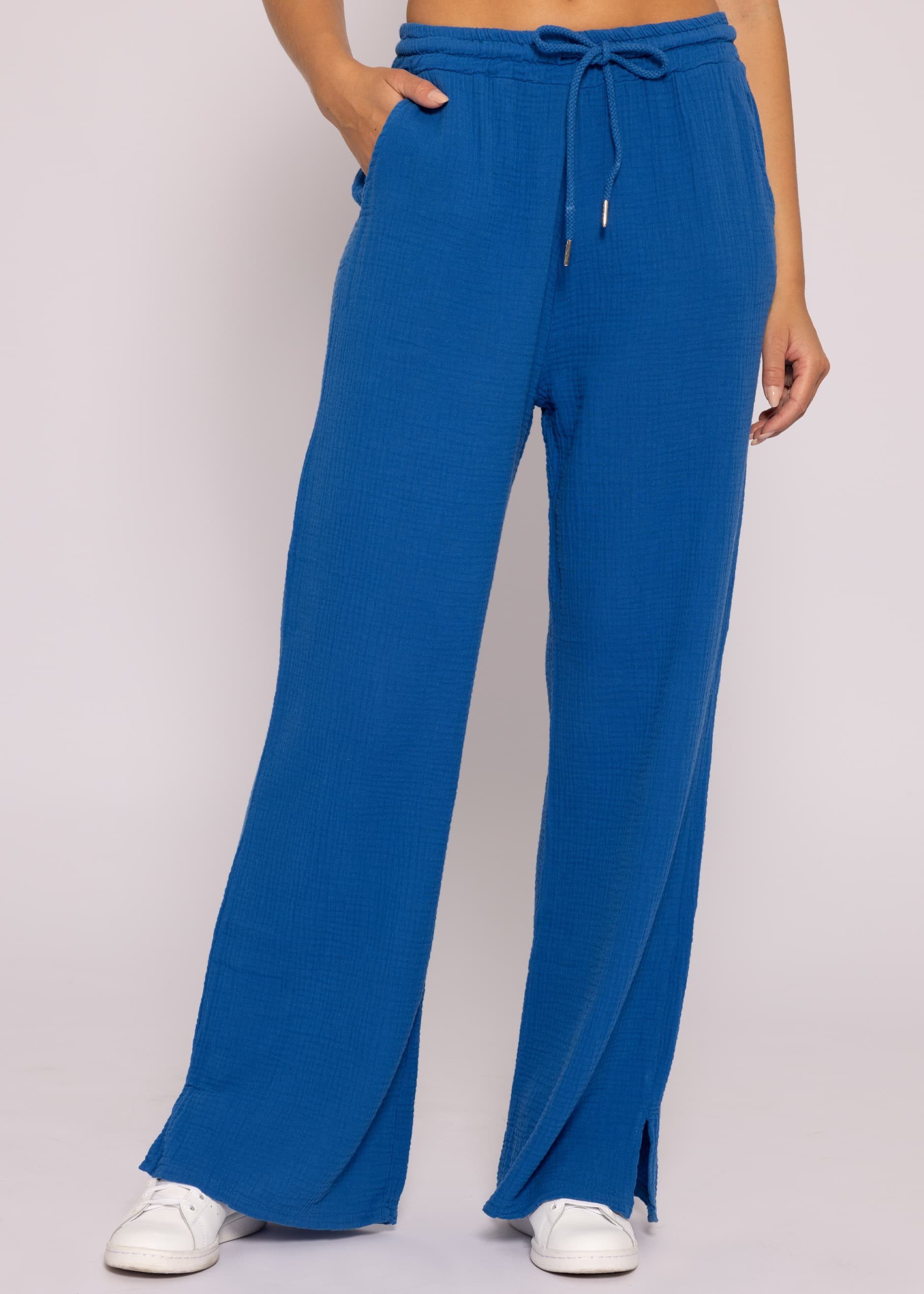 Hose 100 Royalblau atmungsaktiv, (Musselin), leicht sehr Lang % Stoffhose Baumwolle Musselin Sommer SASSYCLASSY Damen