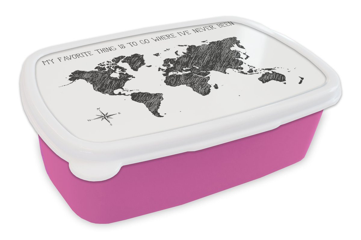 MuchoWow Lunchbox Weltkarte - Schwarz - Weiß - Zitat, Kunststoff, (2-tlg), Brotbox für Erwachsene, Brotdose Kinder, Snackbox, Mädchen, Kunststoff rosa
