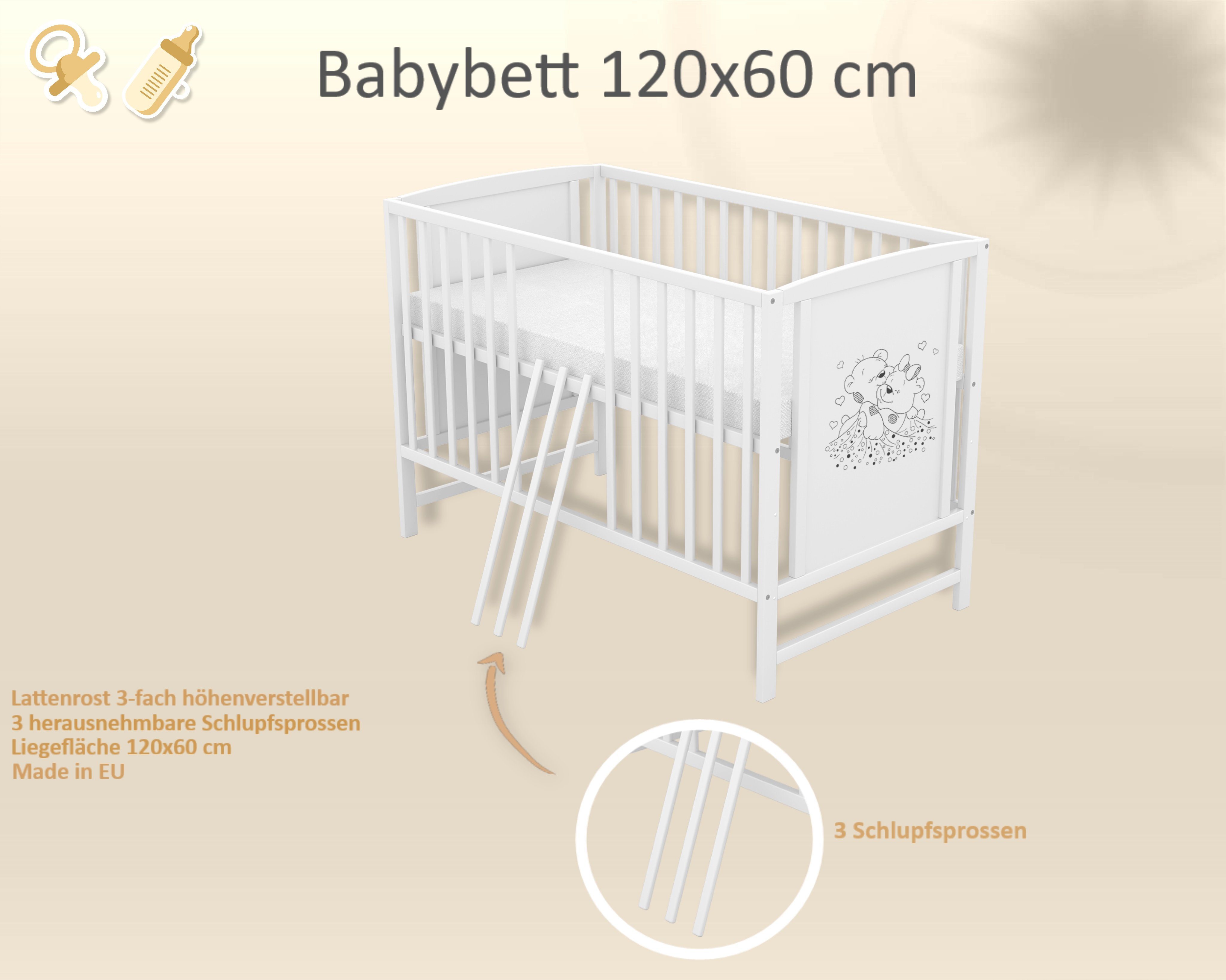 Baby-Delux Babybett Mia, Kinderbett 60x120 cm weiß höhenverstellbar, Kiefer mit Bärchen Motiv – Bild 5 von 5