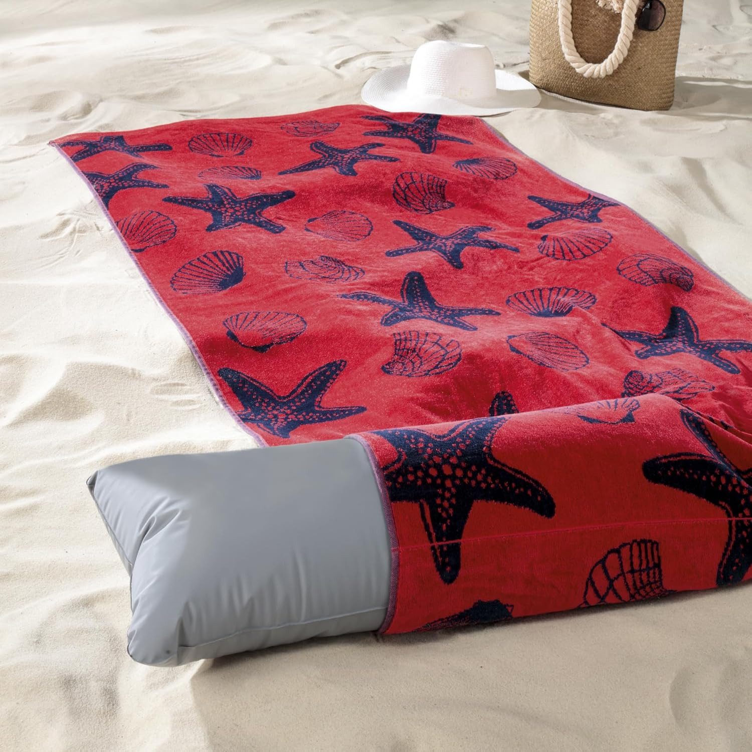 Delindo Lifestyle Strandtuch Tropical Seestern, Strandlaken, (1-St), inkl. aufblasbarem Kopfkissen