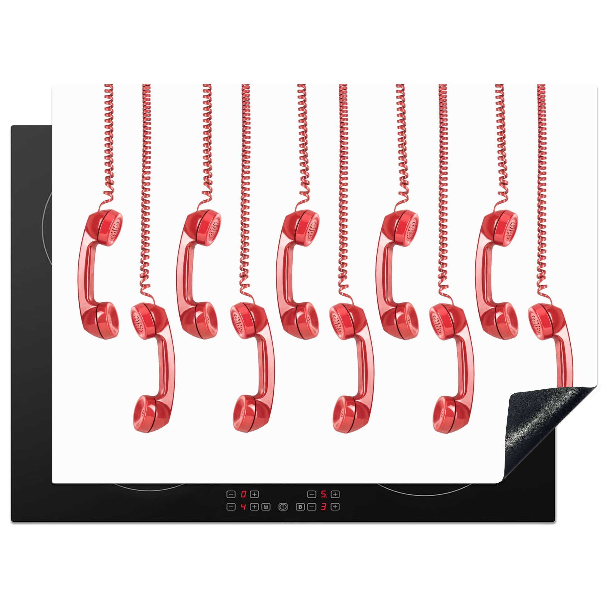 MuchoWow Herdblende-/Abdeckplatte Zehn Hörner von roten Retro-Telefonen, Vinyl, (1 tlg), 70x52 cm, Mobile Arbeitsfläche nutzbar, Ceranfeldabdeckung