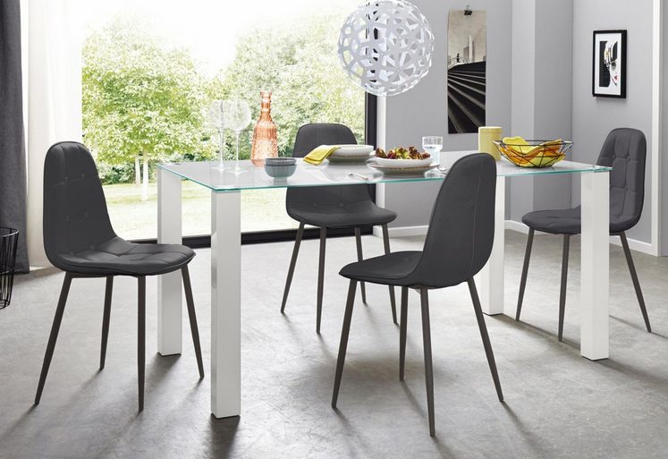 Essgruppe 5-teilig mit Glastisch 160 cm breit, Gestell aus Metall
