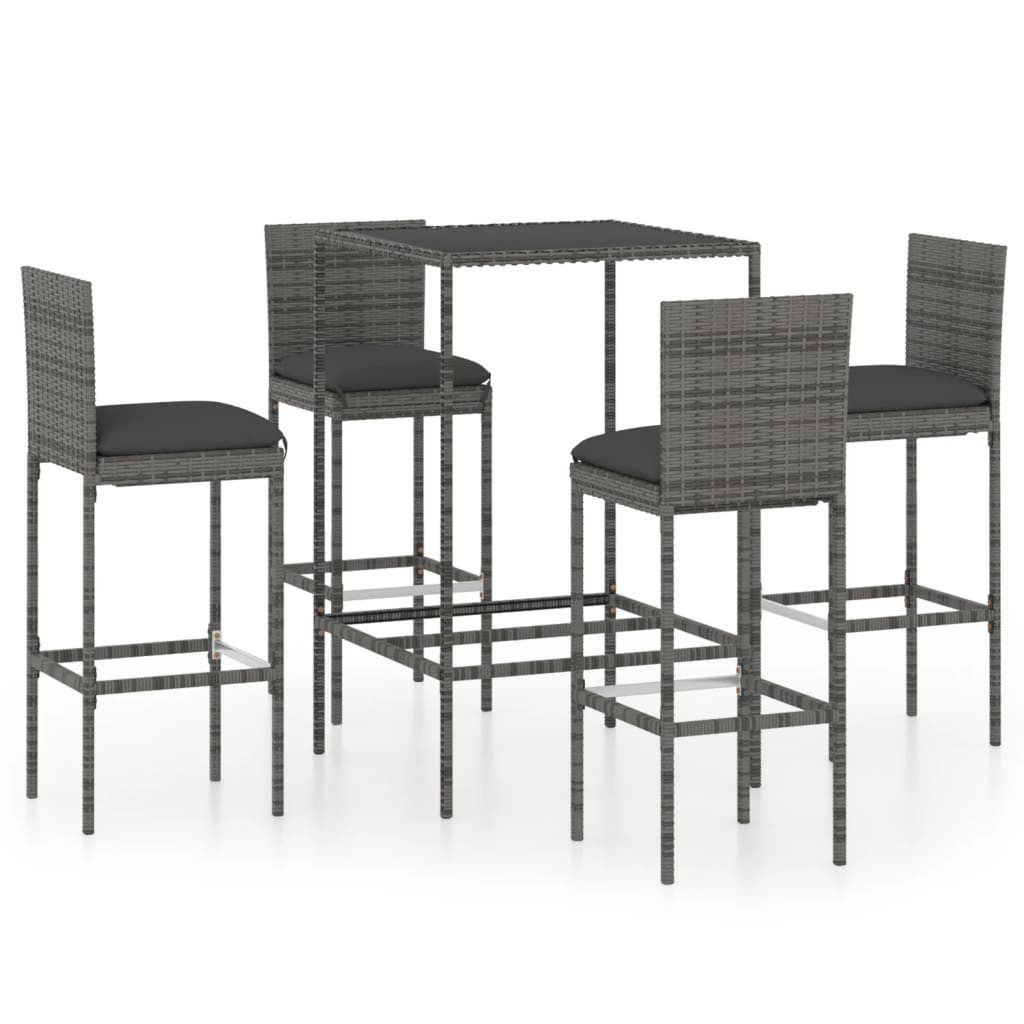 vidaXL Gartenlounge-Set 5-tlg. Gartenbar-Set mit Kissen Poly Rattan Grau, (4-tlg)
