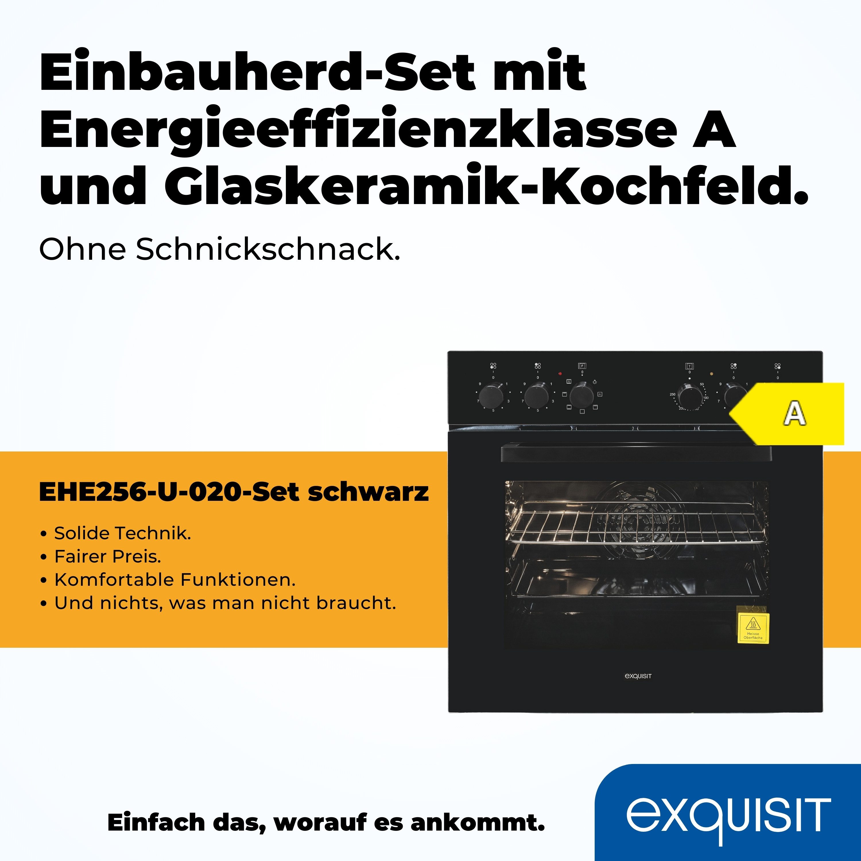 exquisit Elektro-Herd-Set EHE256-U-020 schwarz, Umluft für gleichmäßige Wärme ideal für Plätzchen auf mehreren Blechen