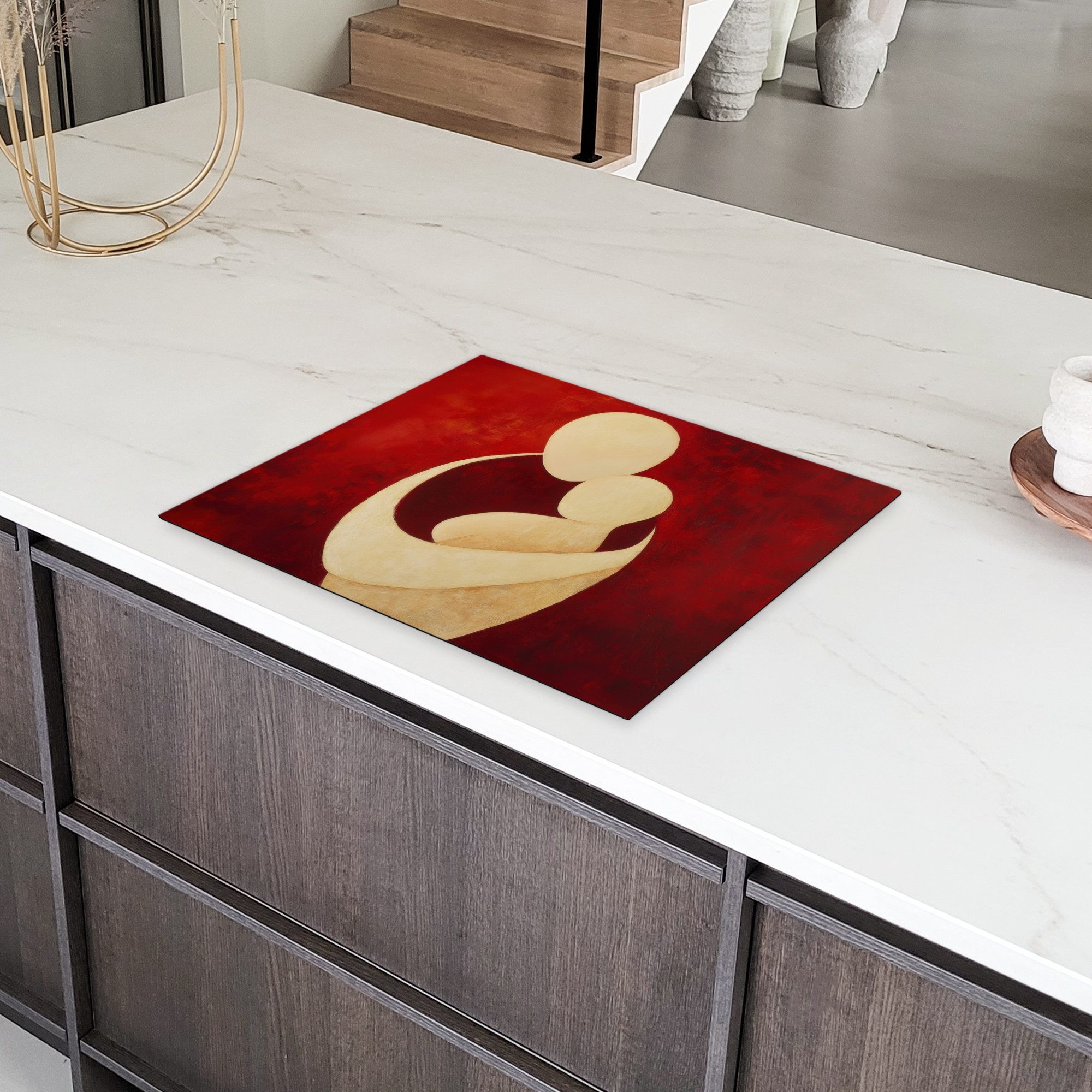 MuchoWow Herd-Abdeckplatte Abstrakt - Mutter - Kind - Rot, Vinyl, (1 tlg), Herdabdeckplatten für Ceranfeld, Induktionsschutz, 65x55 cm