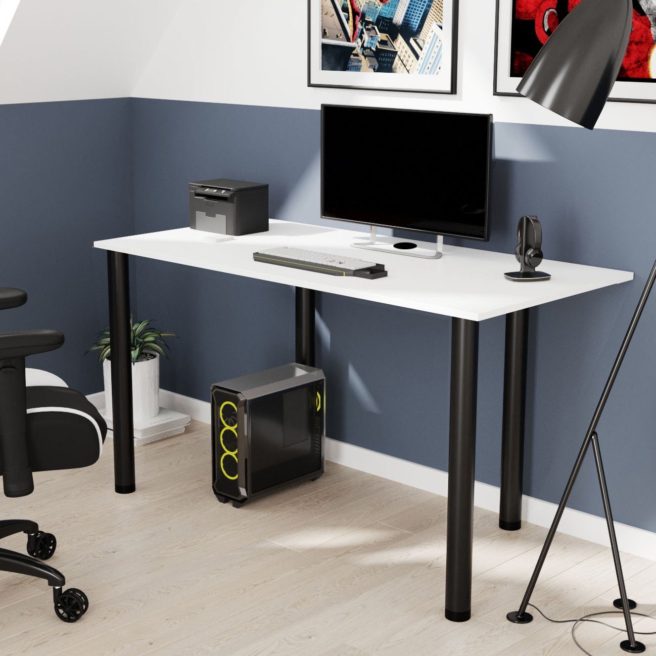 AKKE Schreibtisch, Schreibtisch mit schwarze Beinen 2mm PVC Kantenumleimung Weiss