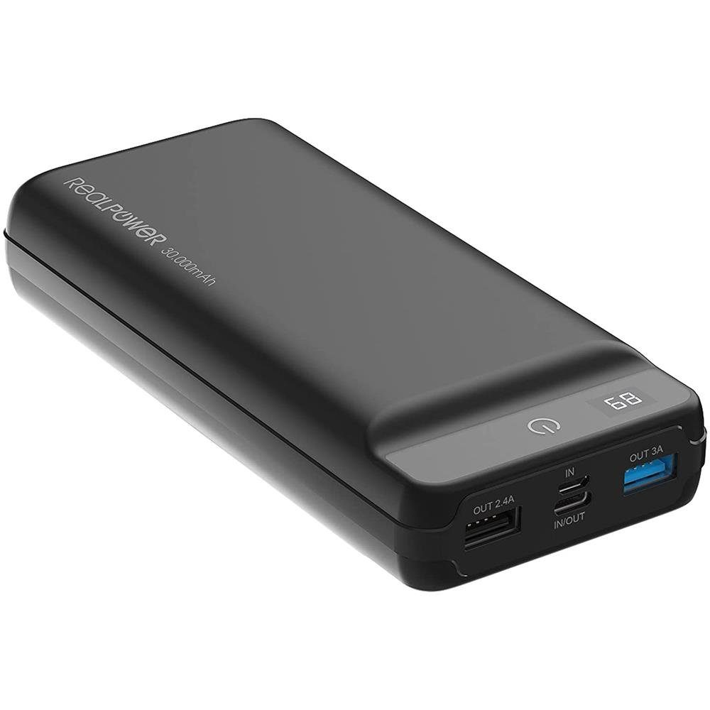 Realpower PB-30k PD Powerbank, Mobiles Ladegerät, 30.000 mAh,USB Type-C PD, Notebook, Ersatzakku, Display, Power Delivery, Kapazitätsanzeige Powerbank