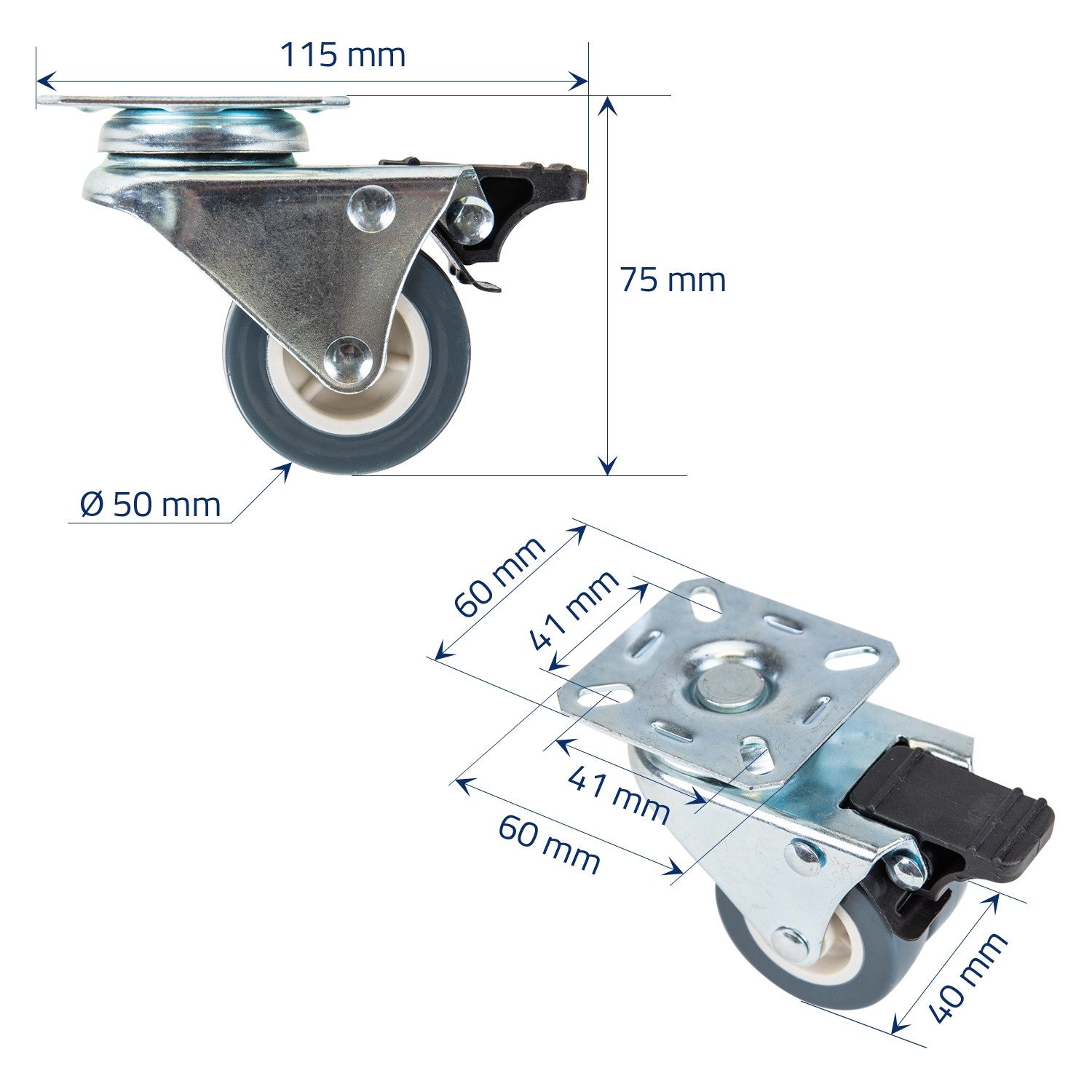 HMF Doppelrolle 6720 Doppelte Schwerlastrolle mit Bremse aus Polyurethan, (4 Stück, Set), Lenkrollen ø 50 mm, bis 400 kg, Grau