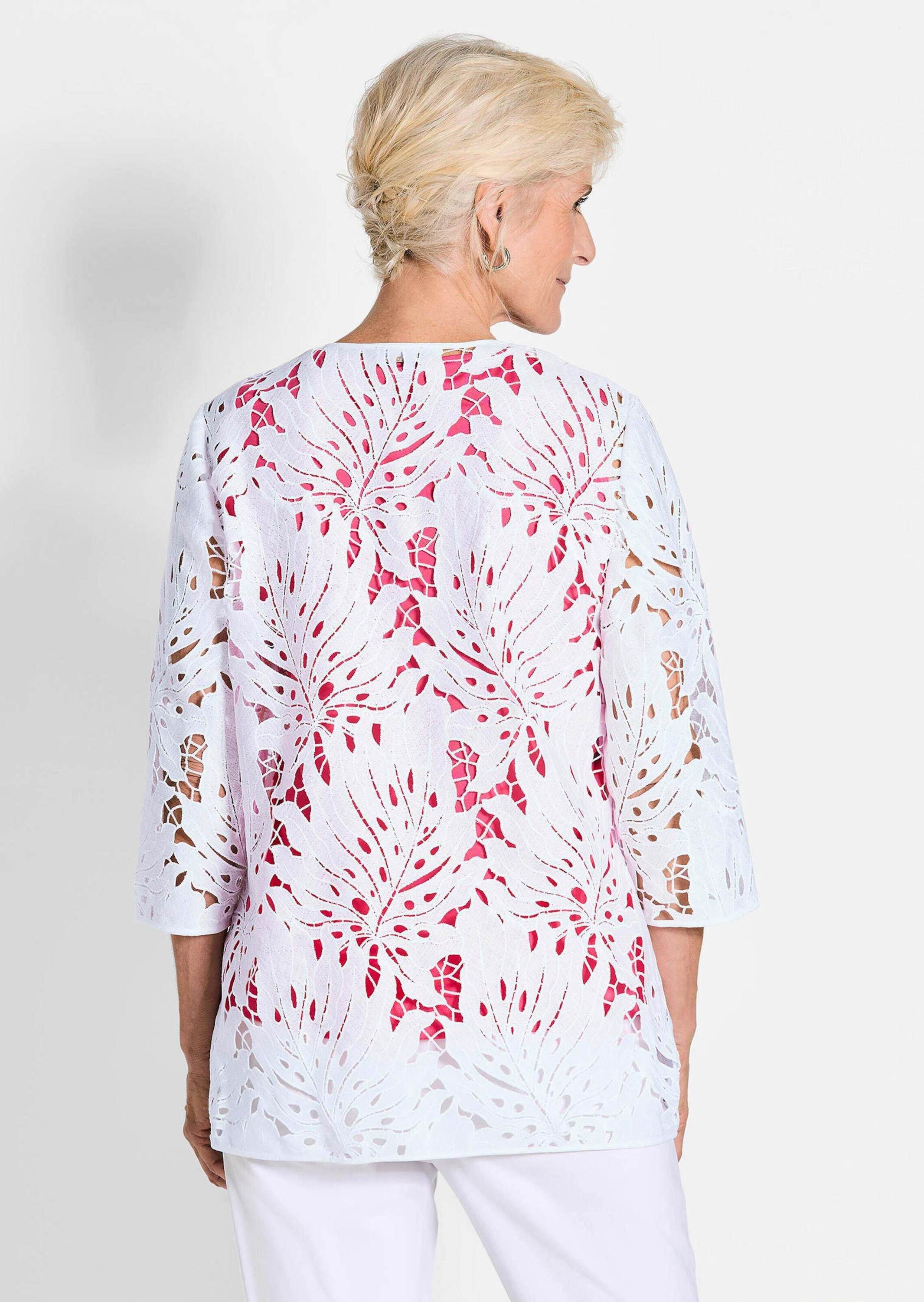 GOLDNER Jerseyblazer Kurzgröße: Weiße Jacke mit Blätterdessin Figurnahes Damenjäckchen, floral, 3/4-Arm, offen