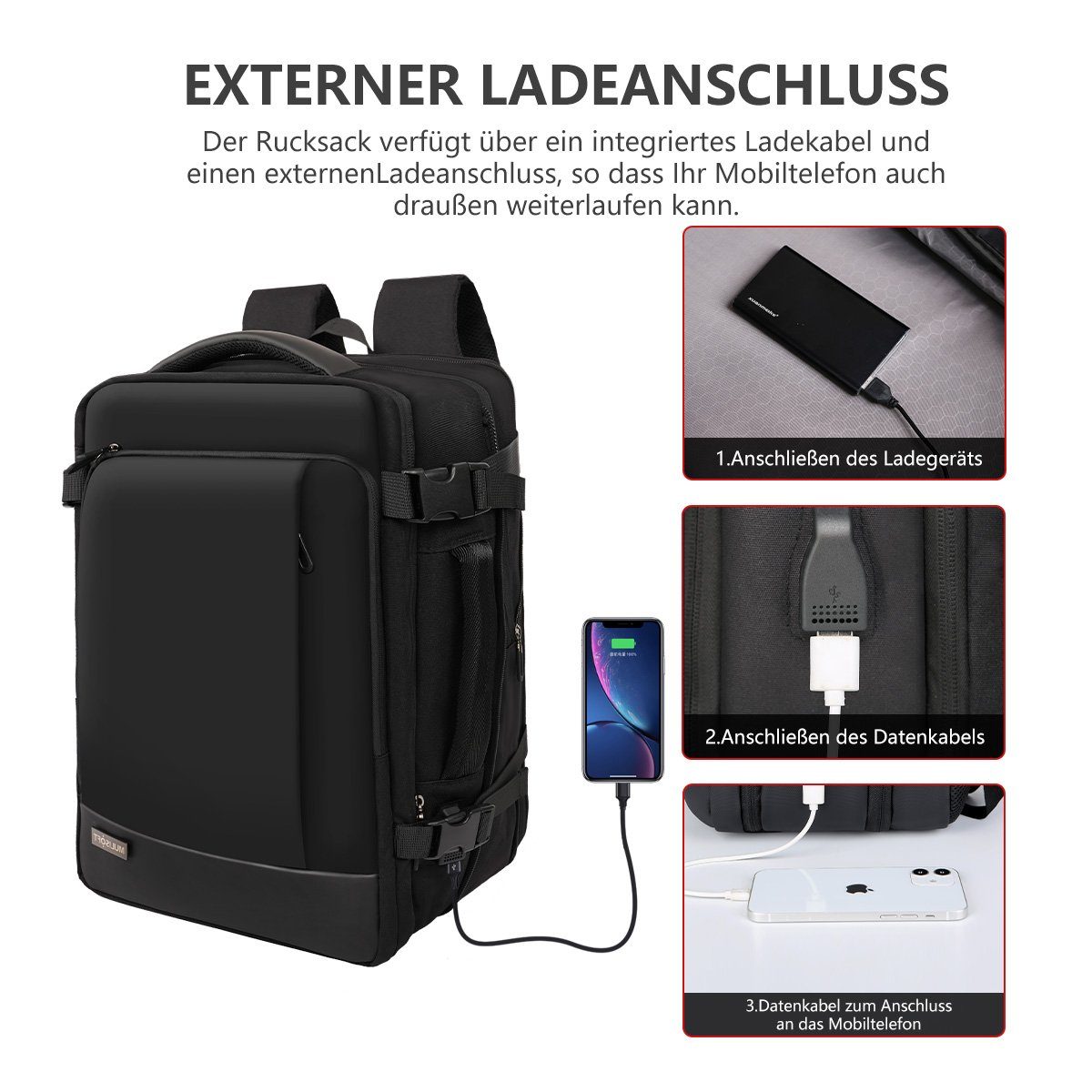 MULISOFT Freizeitrucksack Laptop,Schwarz, Reiserucksack zoll und mit Erweiterbarer USB-Ladeanschluss Laptoprucksack 46x32x28cm für Laptopfach 17