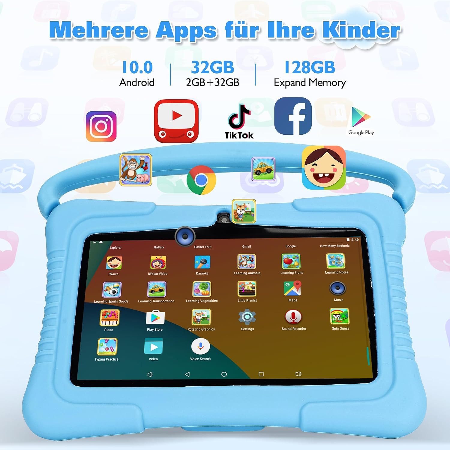 Veidoo Lerntablet V88 7 Zoll Android 2 GB RAM 32 GB IPS WLAN Bluetooth GPS Micro-SD 64GB, (Set, 5-tlg), iWawa Kinderschutz 1024x600 Quad-Core Videoanruf Silikon – Bild 4 von 5