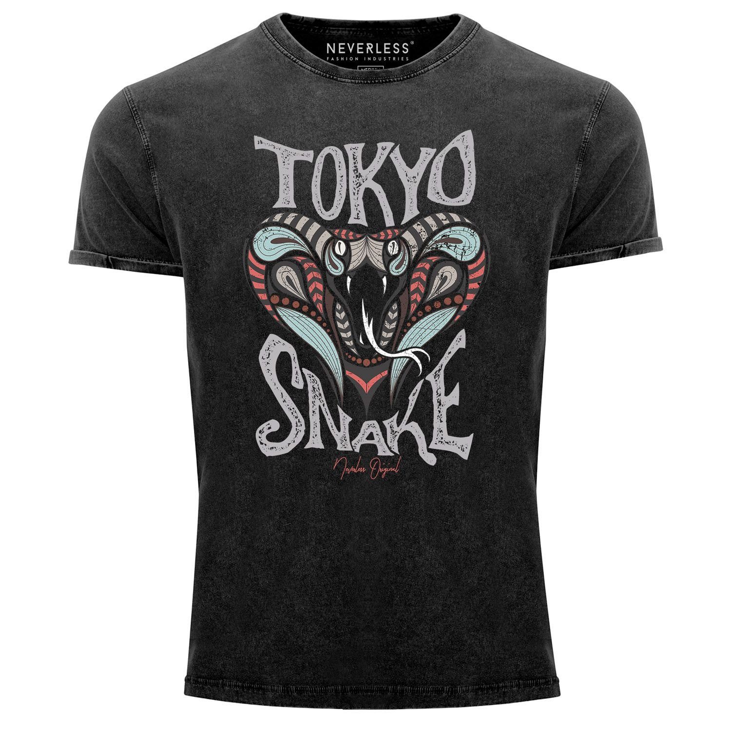 Neverless Print-Shirt Neverless® Herren T-Shirt Vintage Shirt Printshirt Japan Kobra mit Print