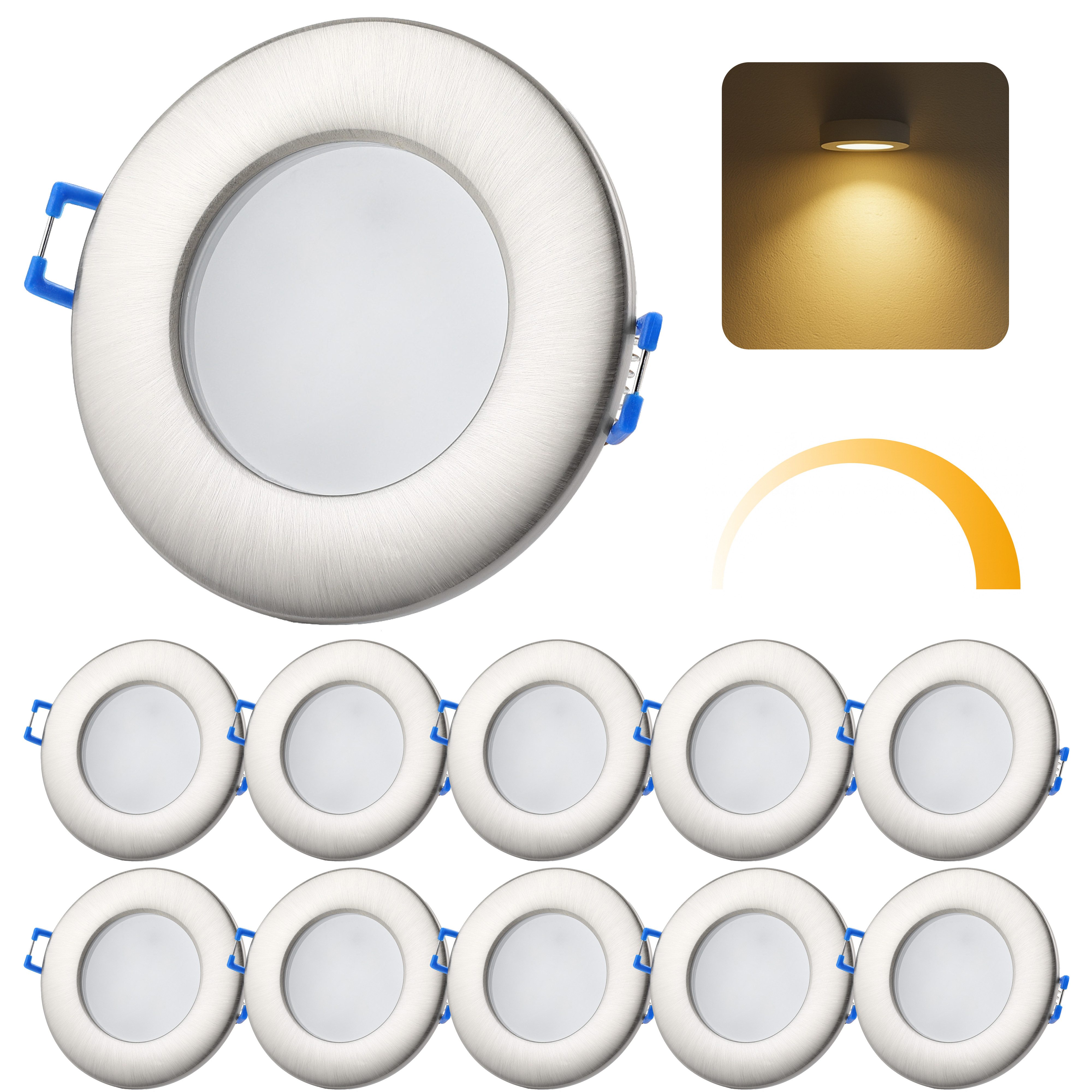 Sweet LED LED Einbaustrahler IP44 Dimmbar 10er Set Deckenspots Flach 6,5W Warmweiß 230V Badezimmer, warmweiß, 3000K, Deckenspots, Ø 85 mm, Einbauleuchten