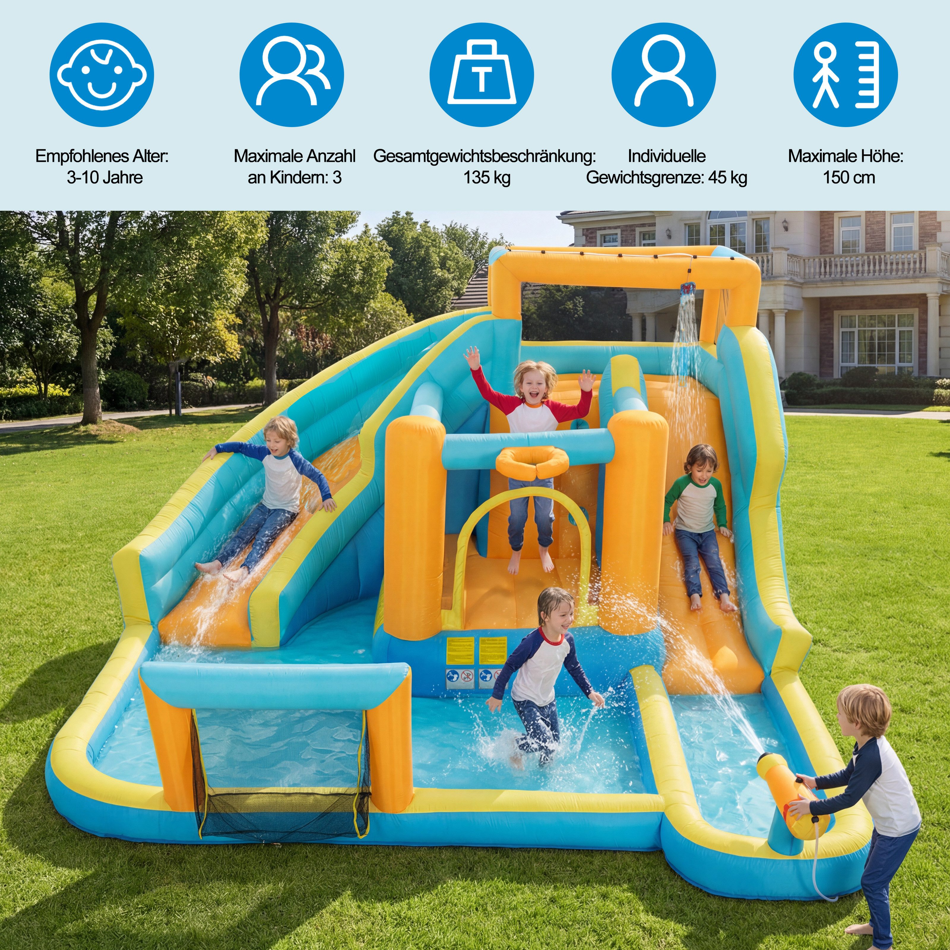 UEV Hüpfburg mit Gebläse Groß Aufblasbare Wasserpark Springburg 373x457x218cm, (XXL für Kinder von 3-10 Jahre, mit Kletterwand Sicherheitsnetz Kindergeburtstag), für Indoor und Outdoor Wasserrutsche Springen