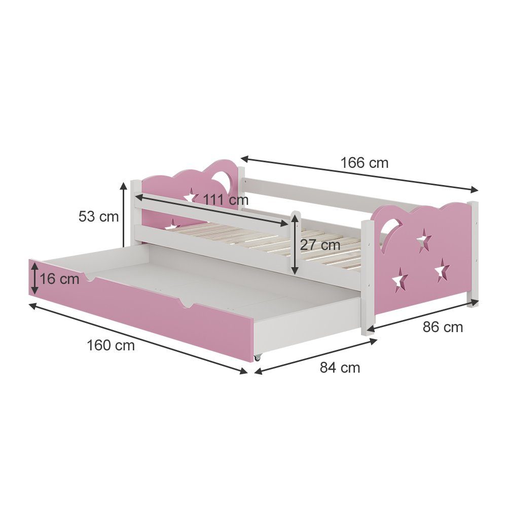 VitaliSpa® Kinderbett Jessica, Rosa/Weiß, 80x160 cm mit Schublade, ohne Matratze (2-tlg), Fade Resistant