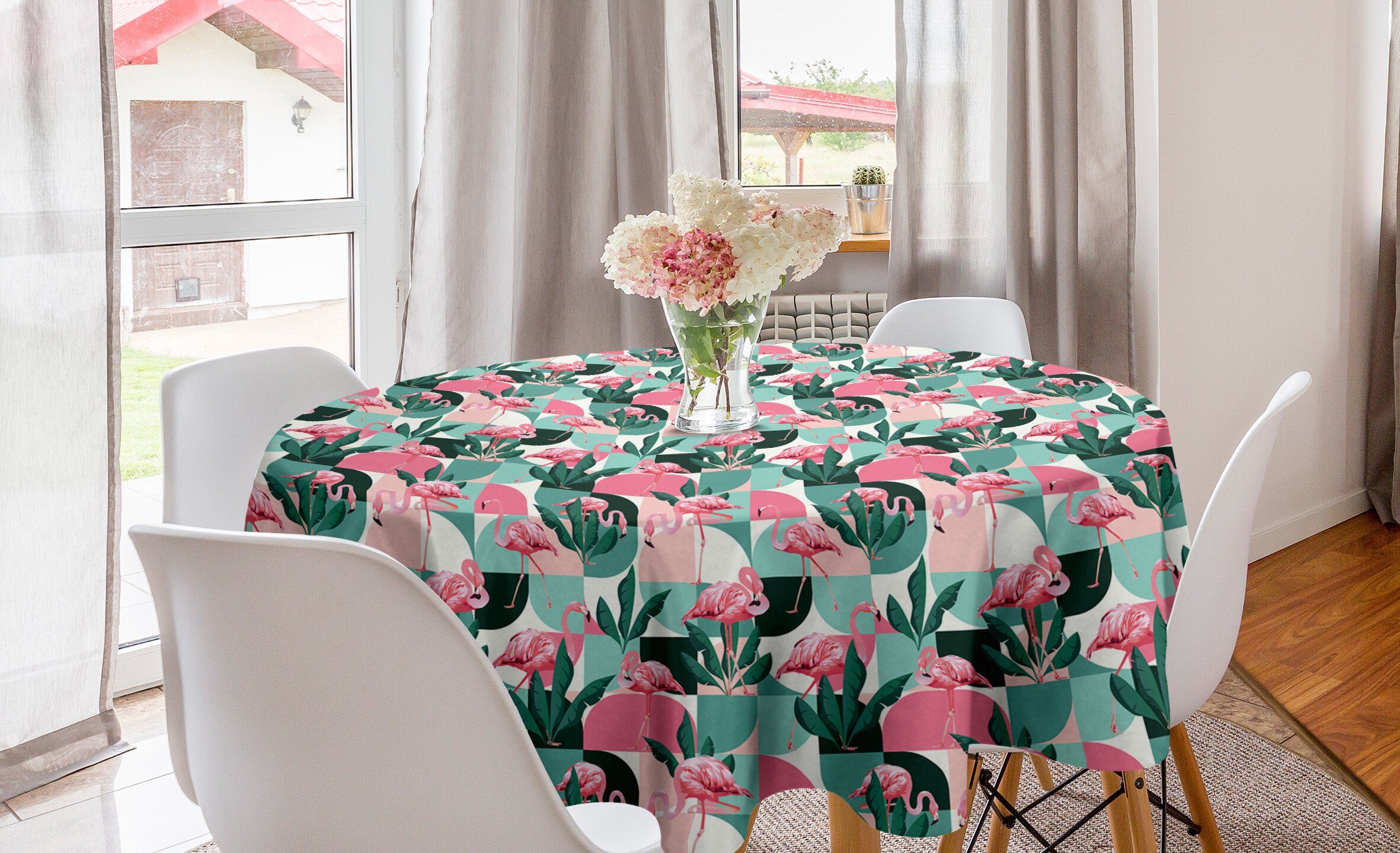 tropische für Abakuhaus Tischdecke Vogel-Kunst Tischdecke Esszimmer Dekoration, Moderne Kreis Küche Flamingo Abdeckung