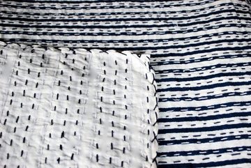 Tagesdecke Tagesdecke Bettüberwurf Wendedecke Blockprint Streifen blau weiß, Indradanush, doppellagig, handgefertigt, extra groß 170 x 270 cm