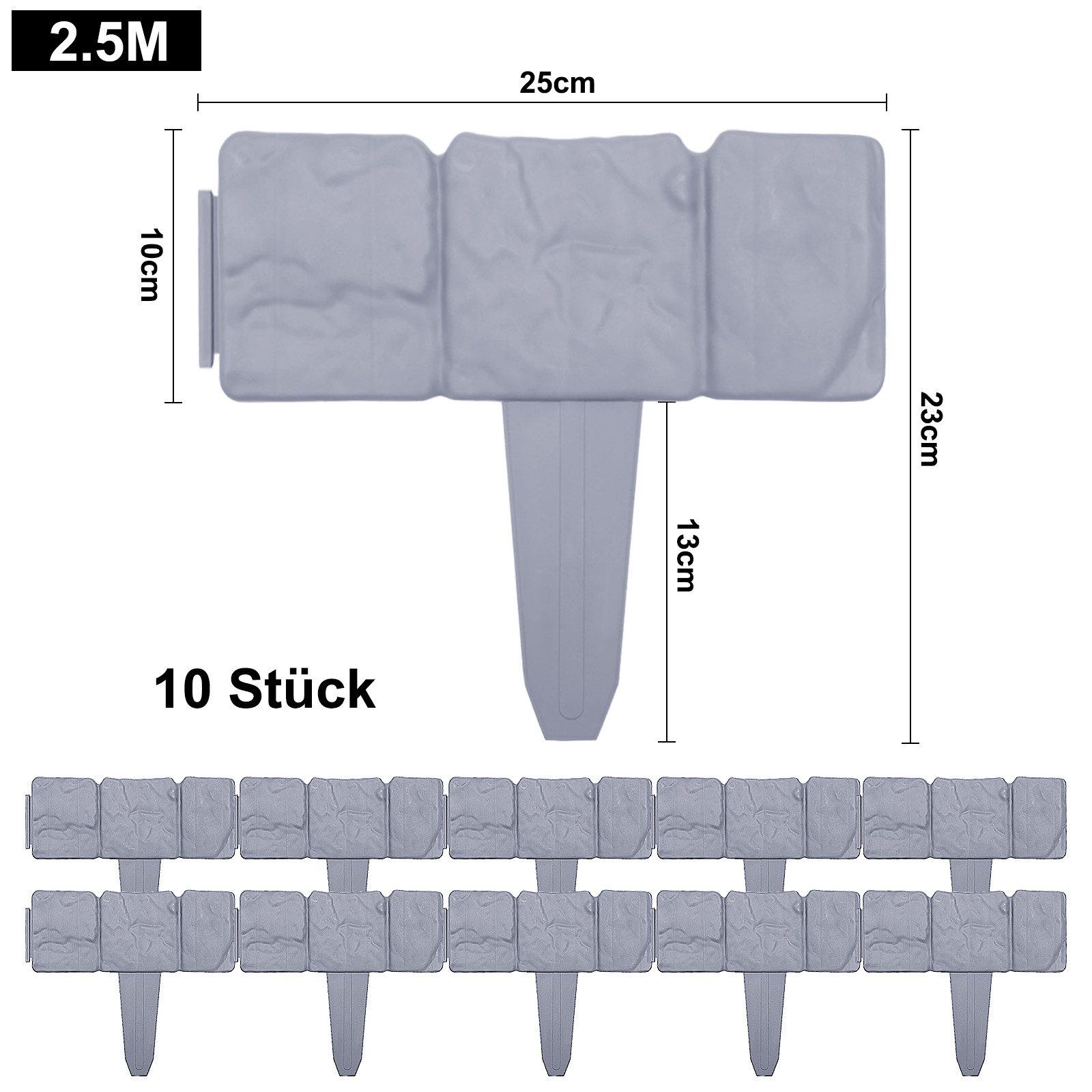 FIVMEN Beetumrandung Rasenkante Kunststoff Steinoptik Palisade aus Polypropylen, Mähkante dekorativ für Garten, 1 Element BxHxT: 25x23x1cm