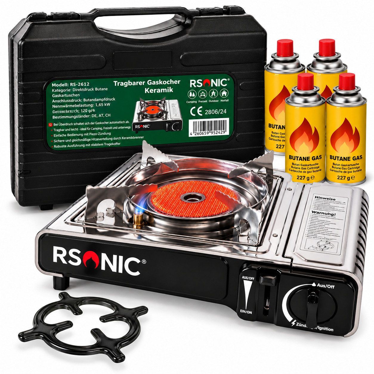 Rsonic Gaskocher Keramik inkl. 4x Gaskartuschen, 1x Gasherdkreuz, Campingkocher Heizung, Piezo, Windschutz mit Tragekoffer