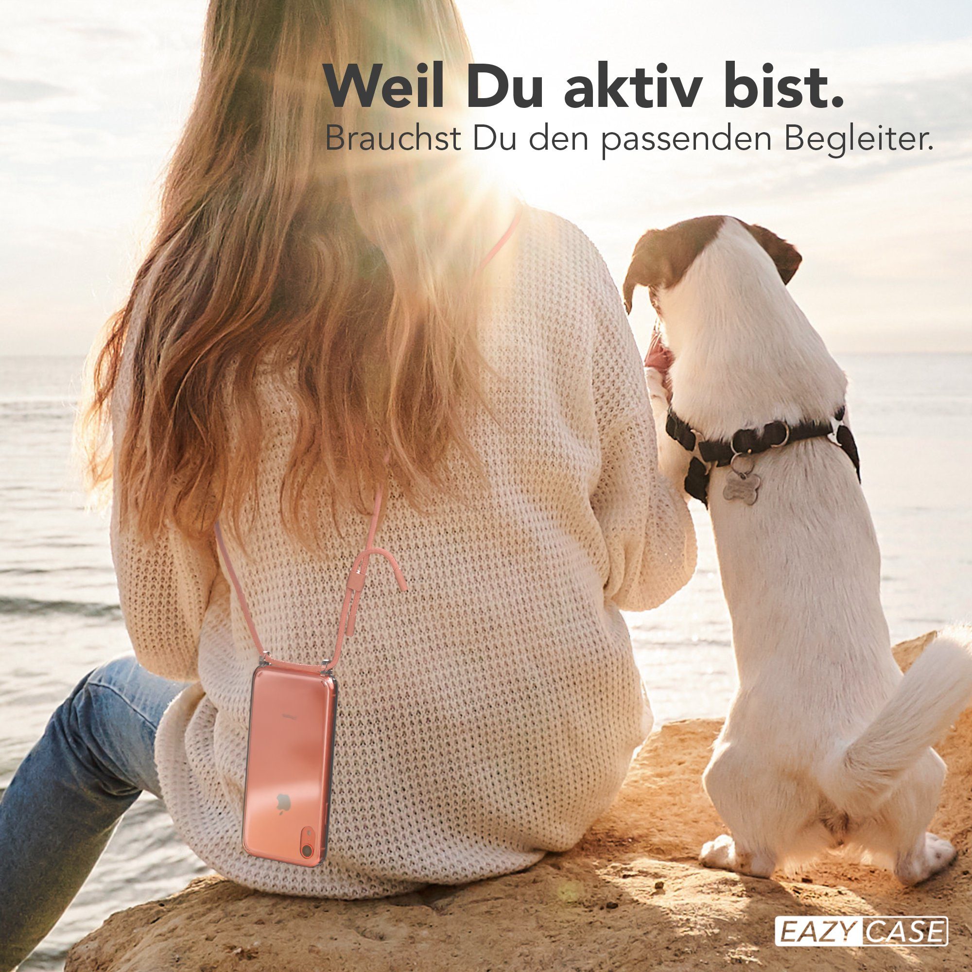 EAZY CASE Handykette Silikon Kette Unifarbe für Apple iPhone XR 6,1 Zoll, Hülle mit Band 2in1 Handyband Etui Case mit Kordel Altrosa Koralle