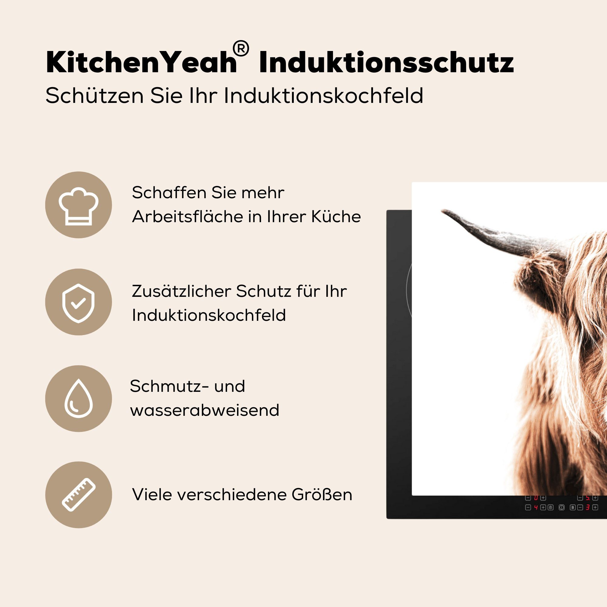 81x52 Herdblende-/Abdeckplatte - küche, (1 Highlander die Vinyl, cm, MuchoWow Kuh Schutz für Ceranfeldabdeckung Induktionskochfeld tlg), - Schottischer Stier,